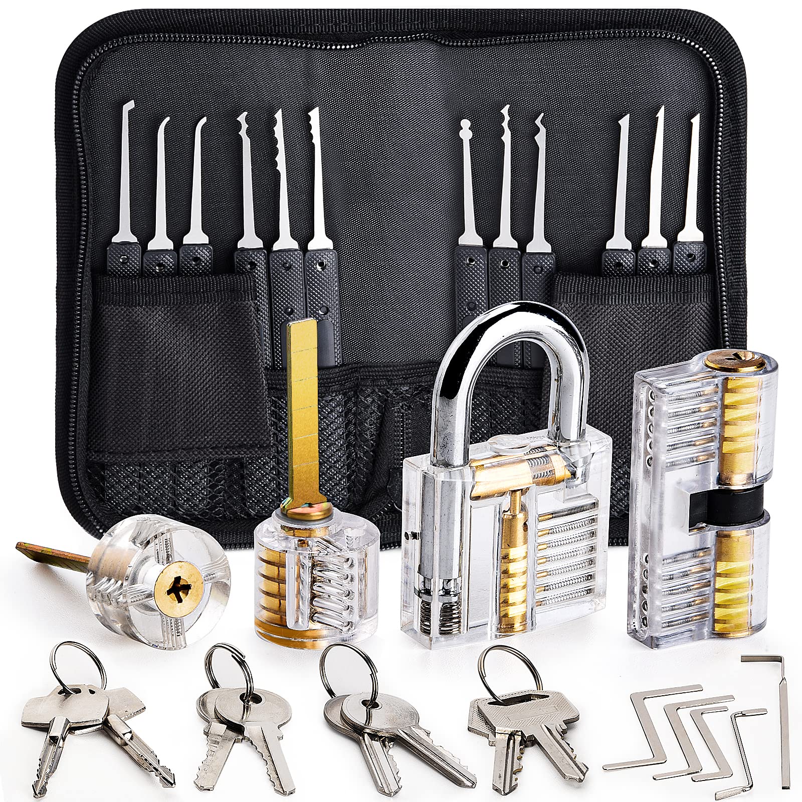 Preciva 26-Piece Lock Pick Set with 4 Transparent Training Padlocks