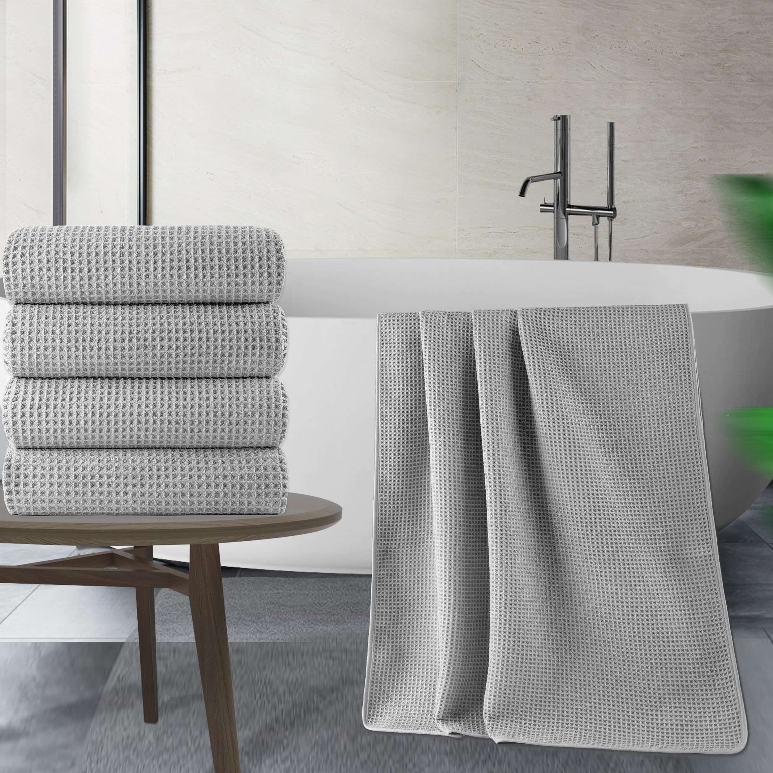 Polyte Microfibre Bath Towels – Oversize Waffle Weave Quick Dry, 4 Pack
