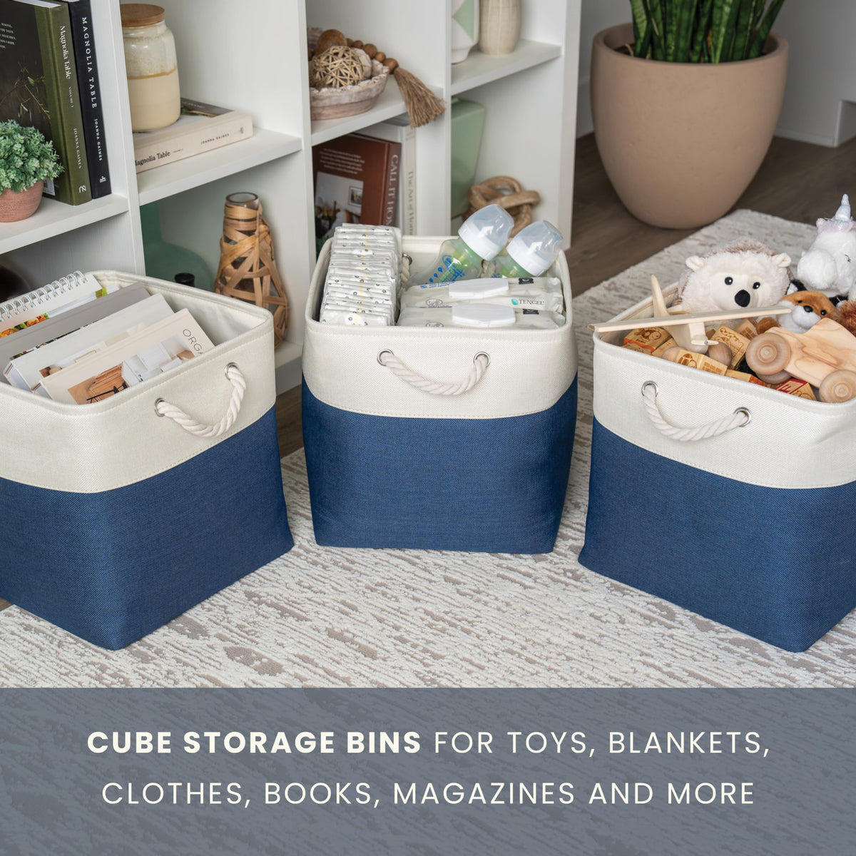 OrganiHaus Fabric Storage Boxes, Set of 3 Foldable 33X33 Cube Organiser Bins with Rope Handles for Shelves, Nursery & Closet - image 5