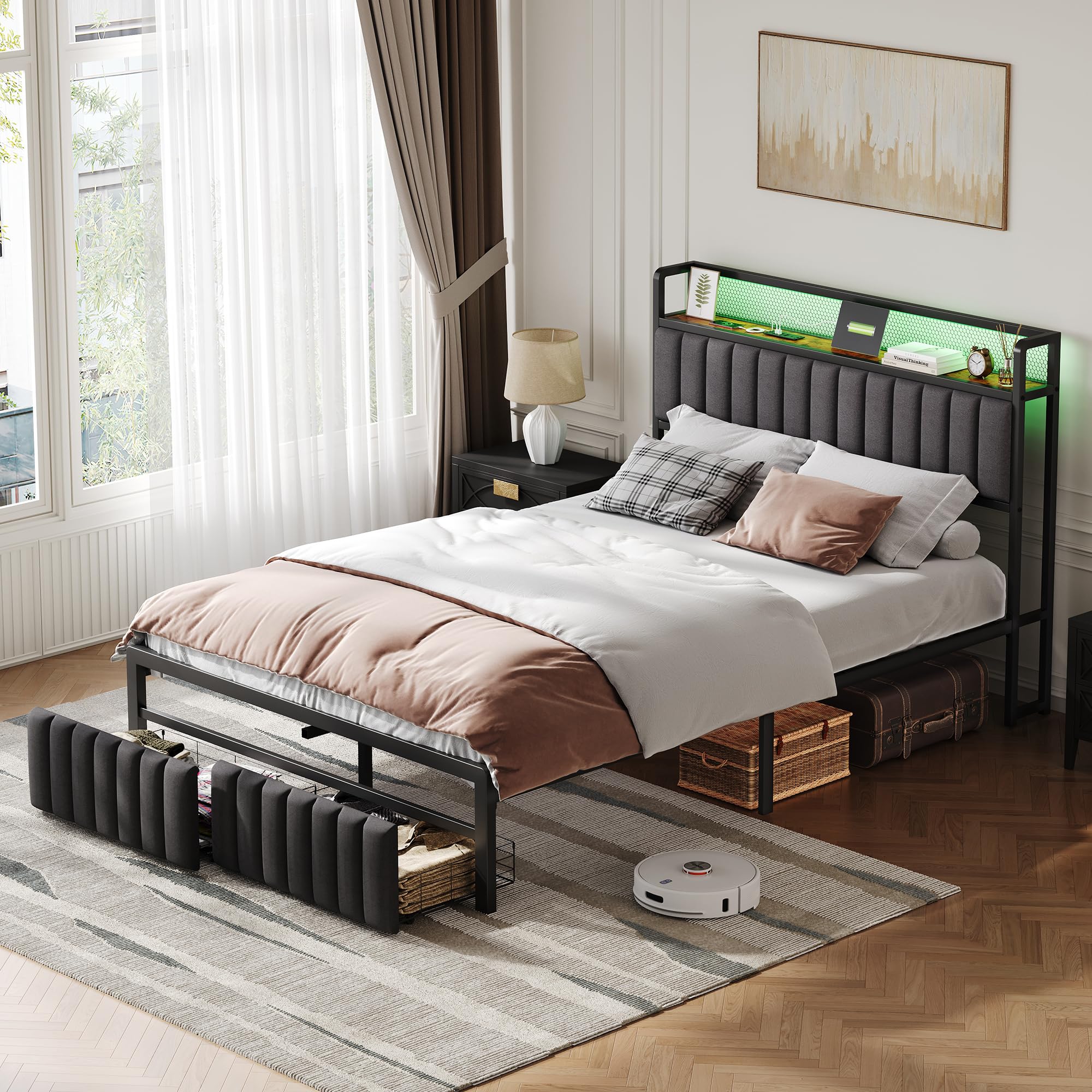 Besbed Double Bed Frame with Storage Drawers, LED Headboard & USB
