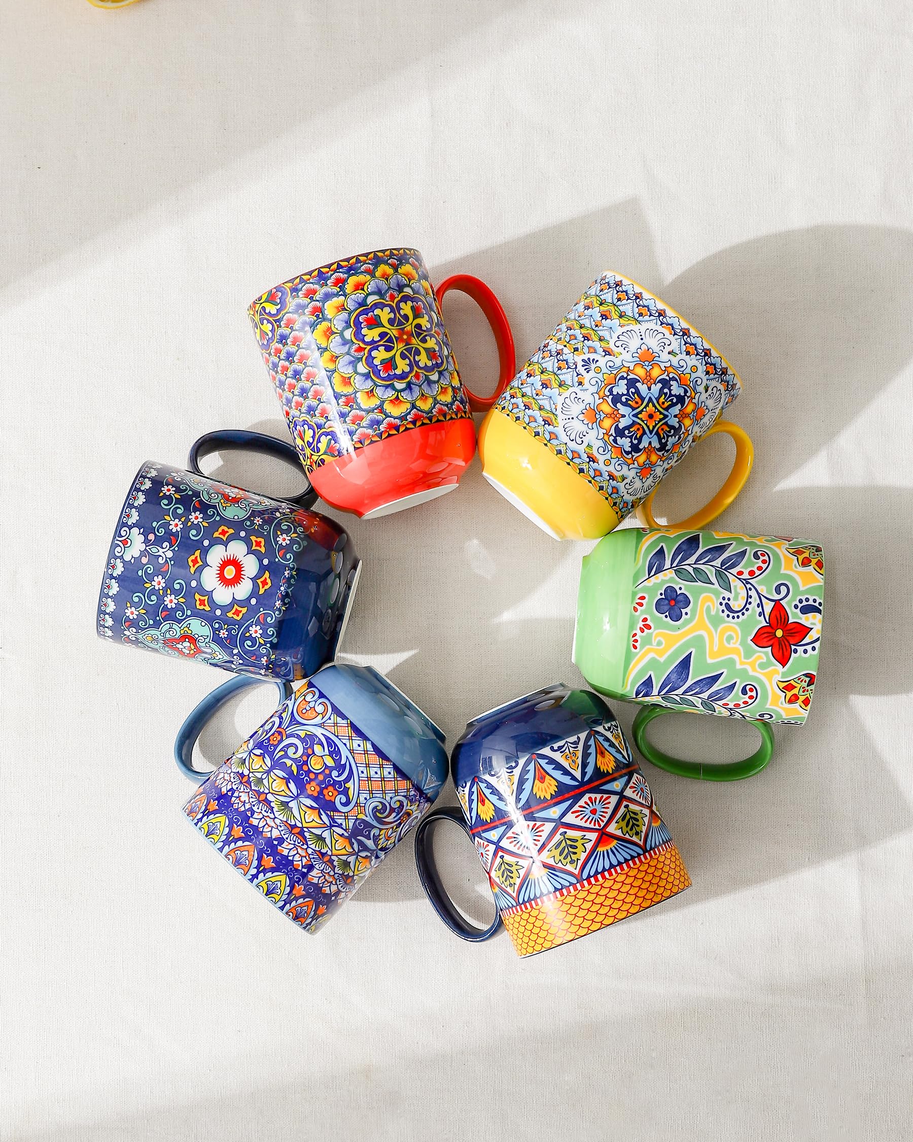 HENXFEN LEAD Bohemian Porcelain Coffee Mugs - 14oz Stackable Set of 6