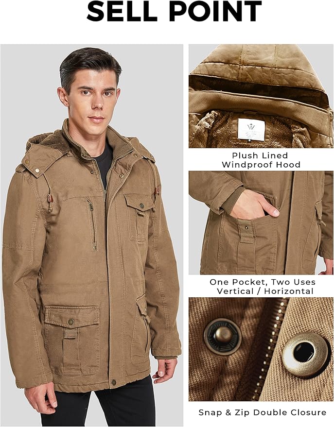 WenVen Men's Winter Parka – Thick Fleece Lined Hooded Cotton Jacket
