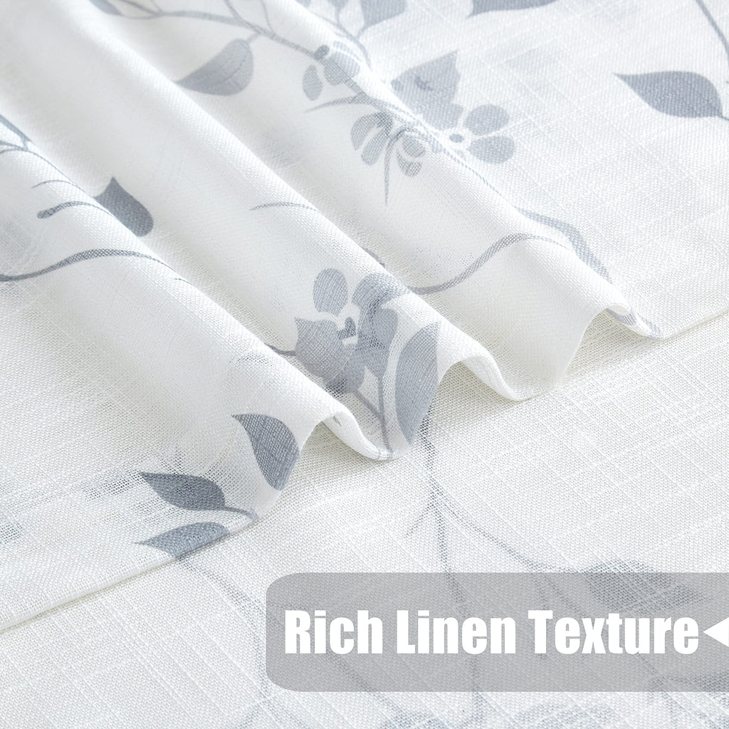 Beauoop Grey Floral Semi Sheer Curtains - Linen Textured Leaf Print, 2 Panels