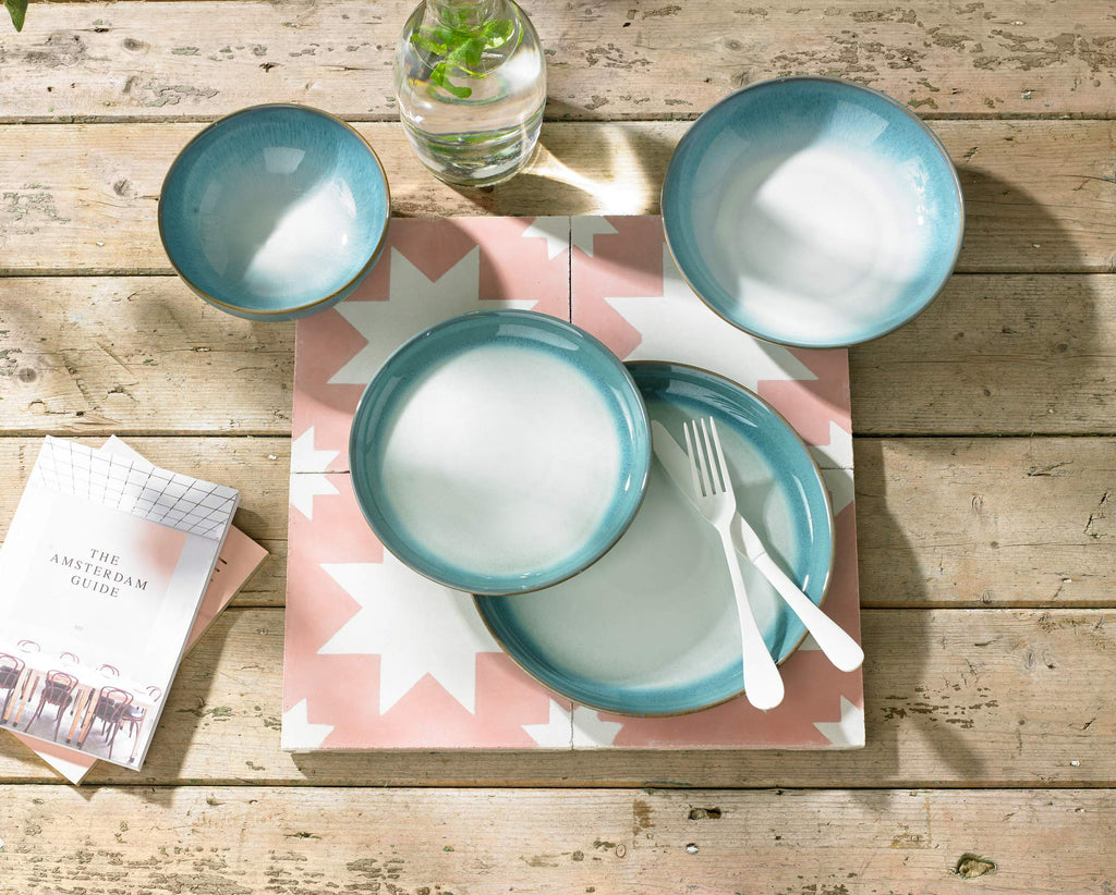 Denby Azure Haze Pasta Bowls | Set of 4 Large 1050ml Stoneware Blue