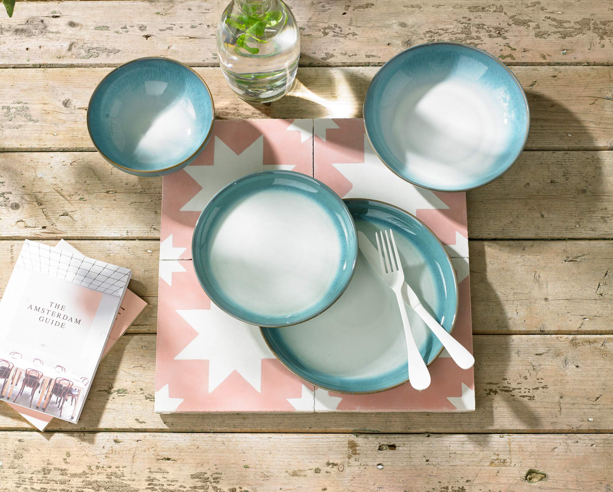 Denby Azure Haze Pasta Bowls | Set of 4 Large 1050ml Stoneware Blue