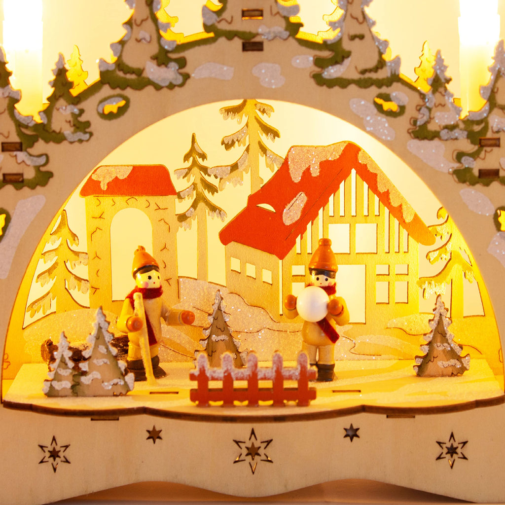 ToCi LED Candle Arch - Wooden Snowball Fight Motif Christmas Light