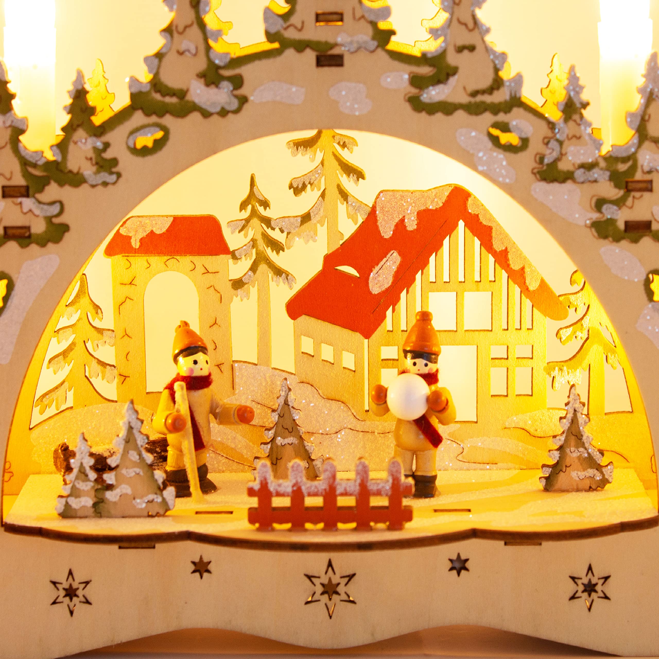 ToCi LED Candle Arch - Wooden Snowball Fight Motif Christmas Light