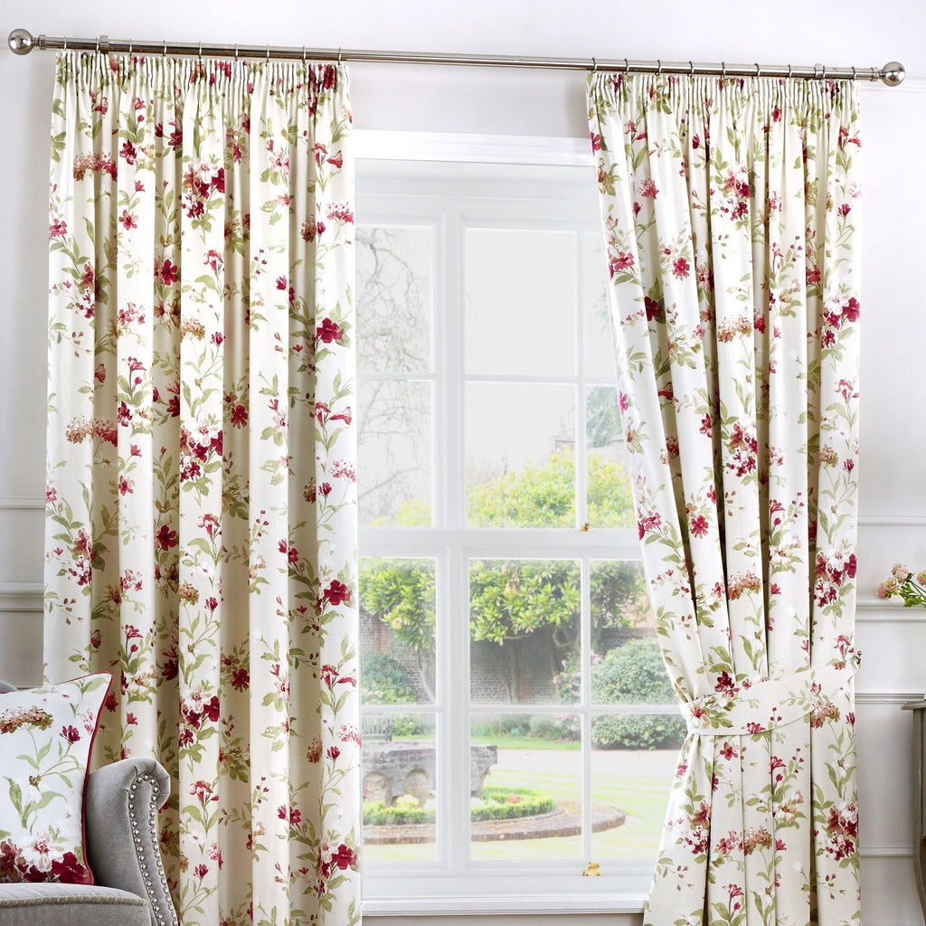 Fusion Jeannie Red Floral Cotton Pencil Pleat Curtains - 168 x 229cm