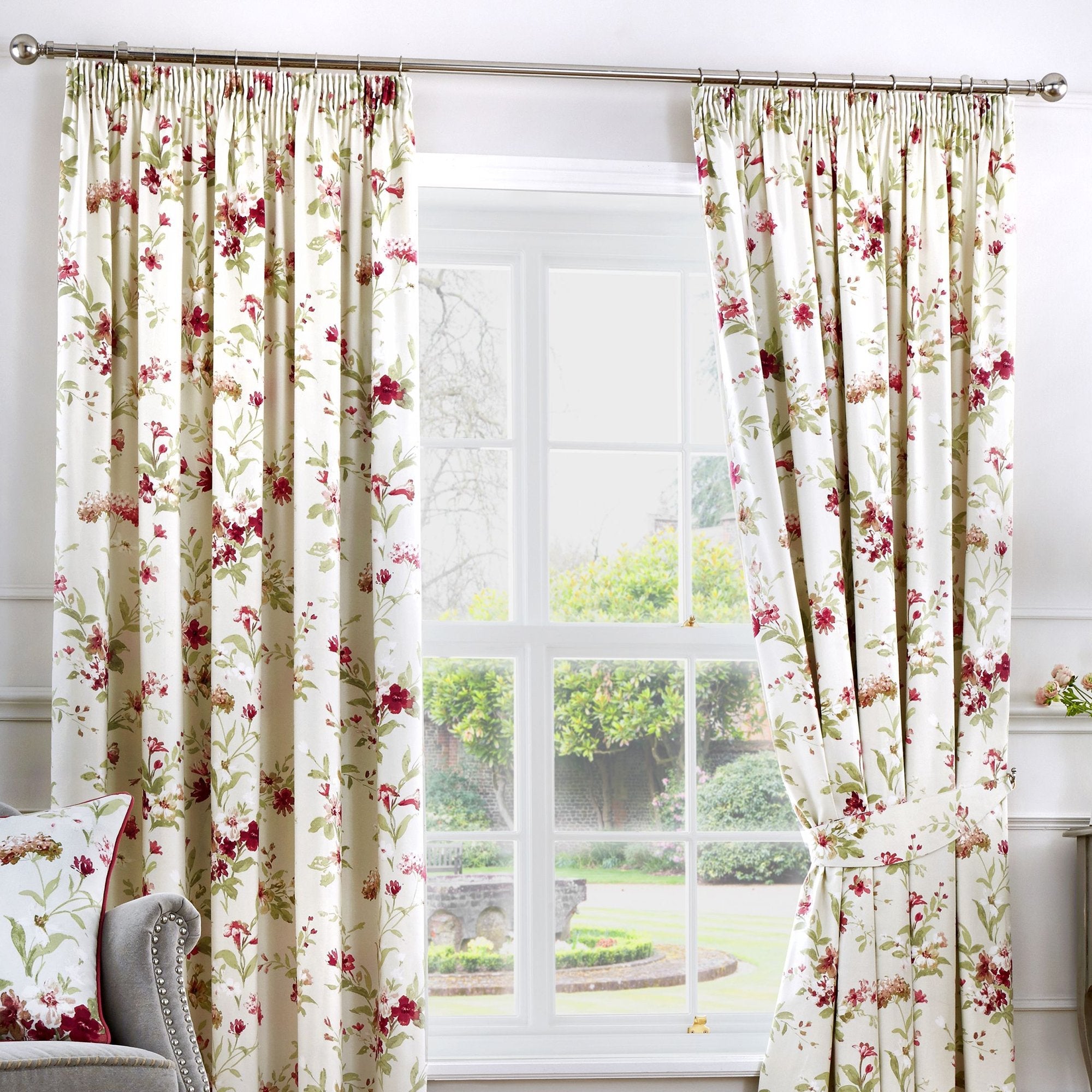 Fusion Jeannie Red Floral Cotton Pencil Pleat Curtains - 168 x 229cm