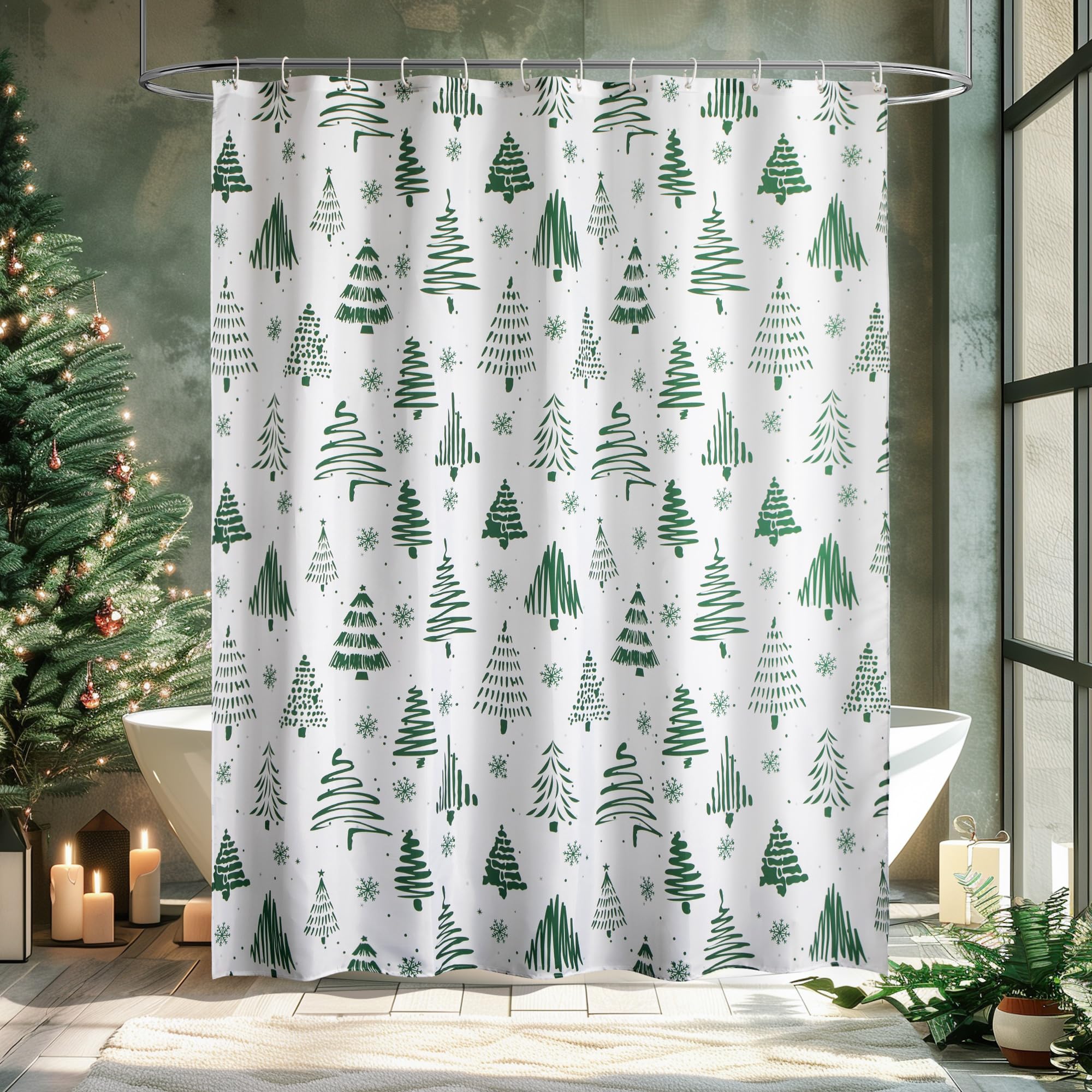 WELTRXE Christmas Shower Curtain | Green Tree Polyester | 183x183cm