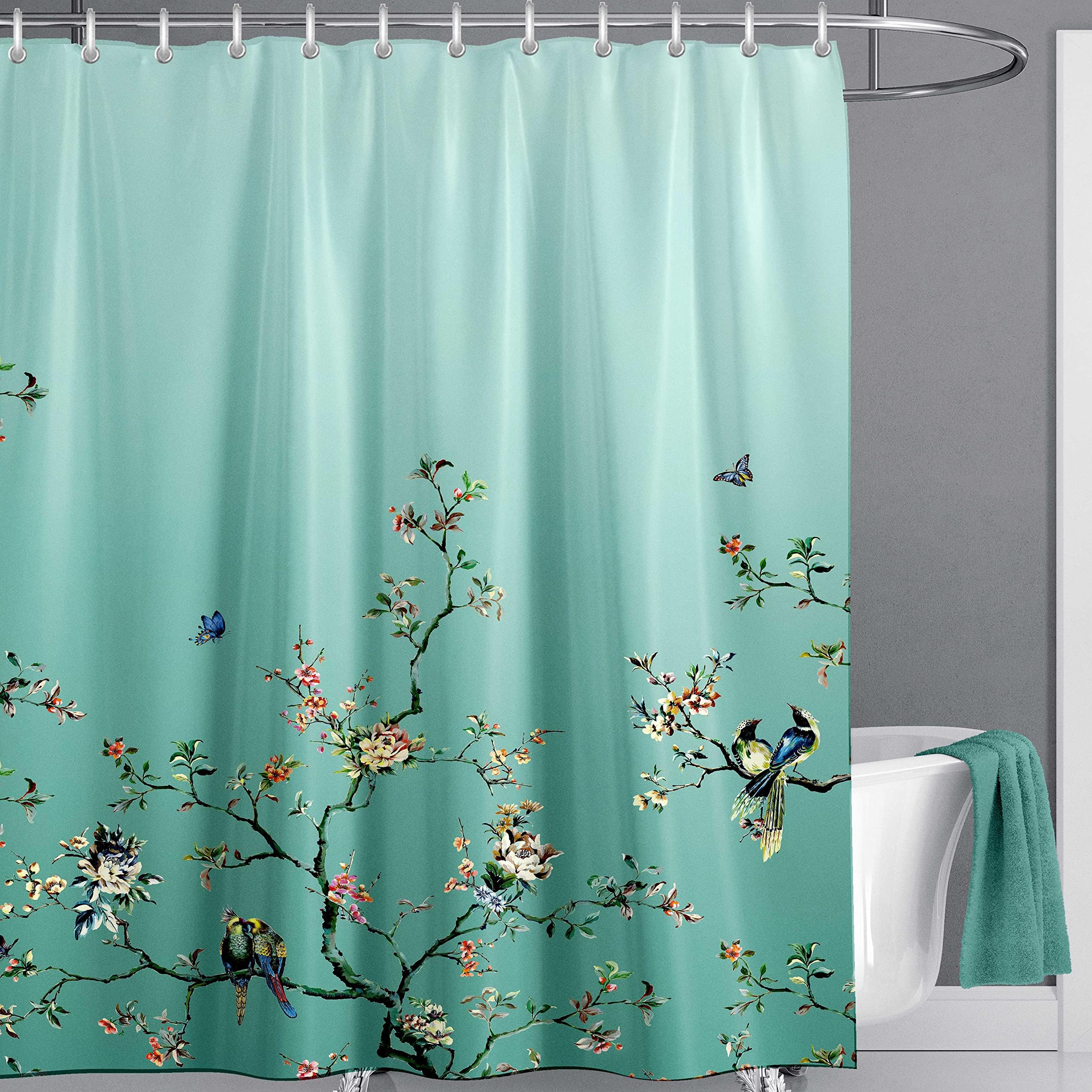 LIVETTY Ombre Green Bird Floral Shower Curtain - 200x200cm Waterproof