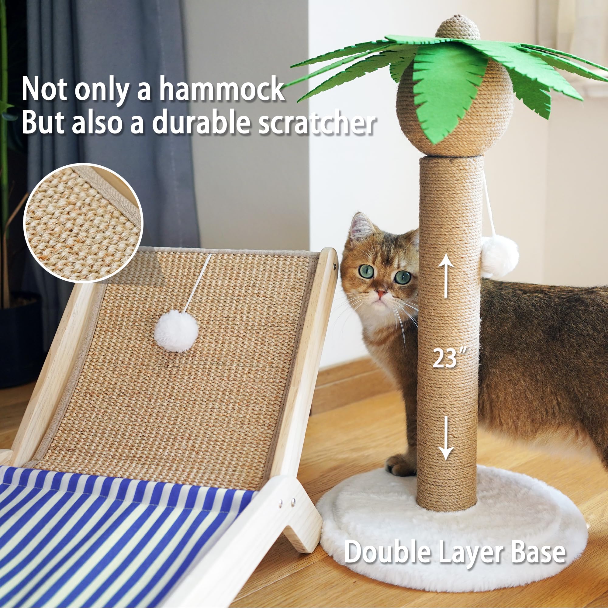 PETKARAY Cat Hammock with Coconut Tree Scratching Post | Sisal Beach Chair