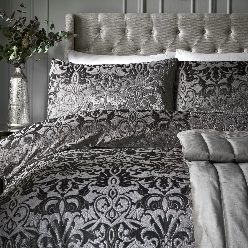 Laurence Llewelyn-Bowen Slate Grey Velvet Damask Duvet Cover Set – King