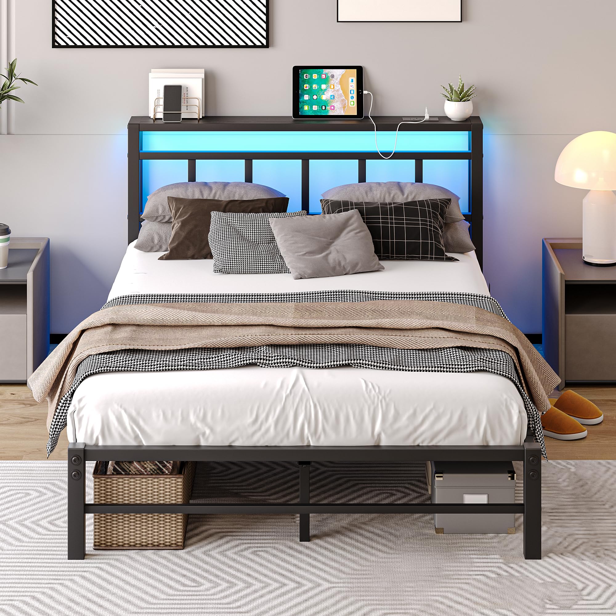 VECOCHO 4ft6 Double Metal Bed Frame with LED Storage Headboard