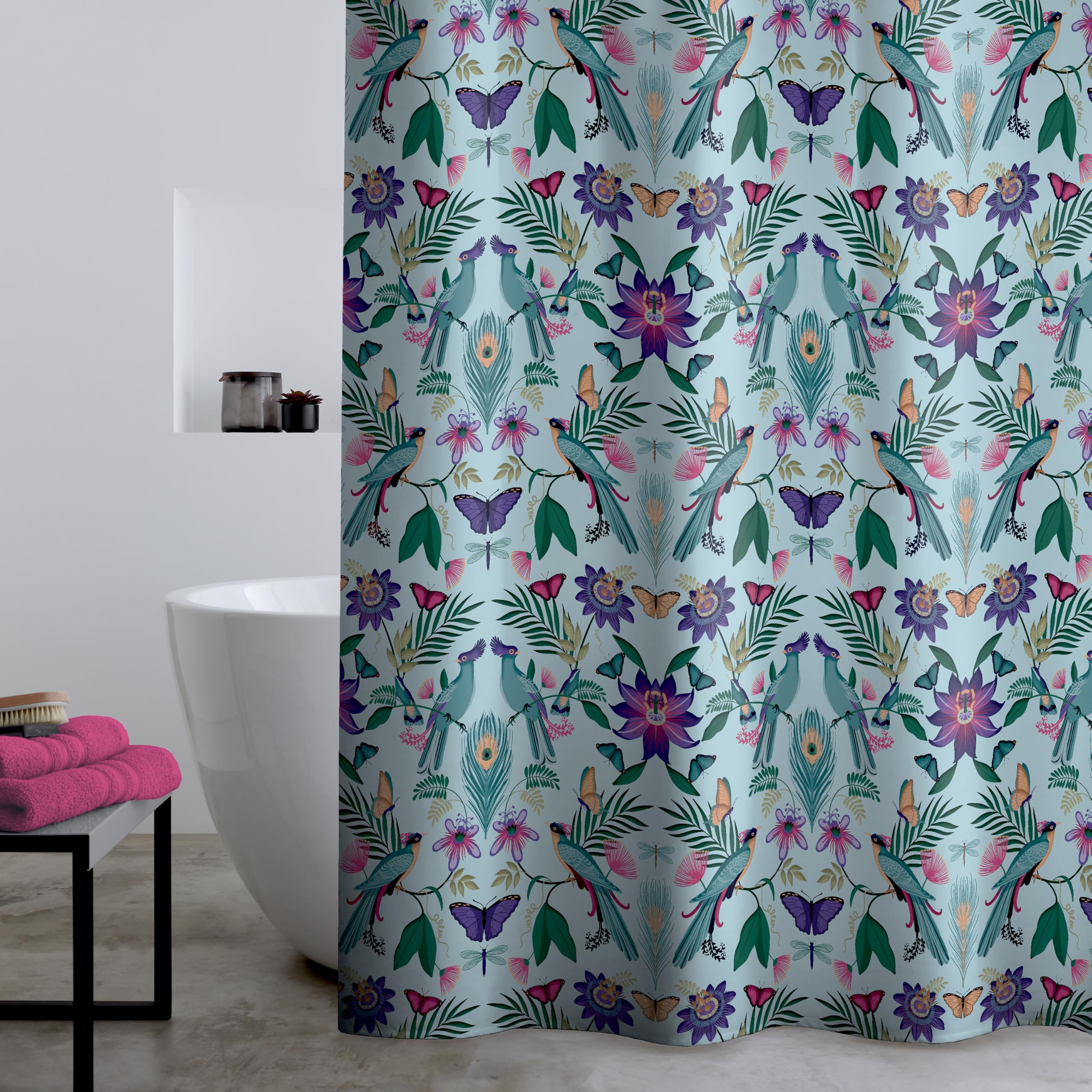 Catherine Lansfield Mya Tropical Bird Shower Curtain - Duck Egg Blue