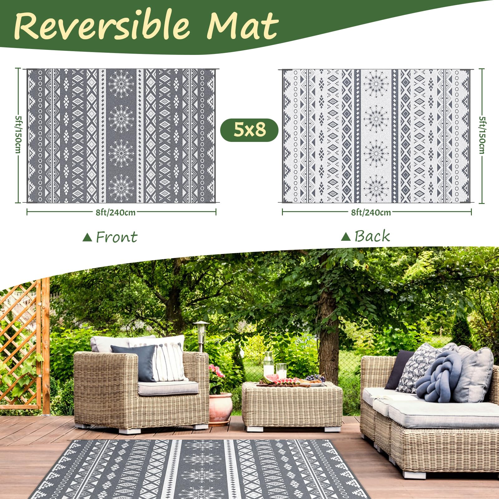 MOKANI Reversible Outdoor Rug – 150x240cm Waterproof Boho Patio Mat