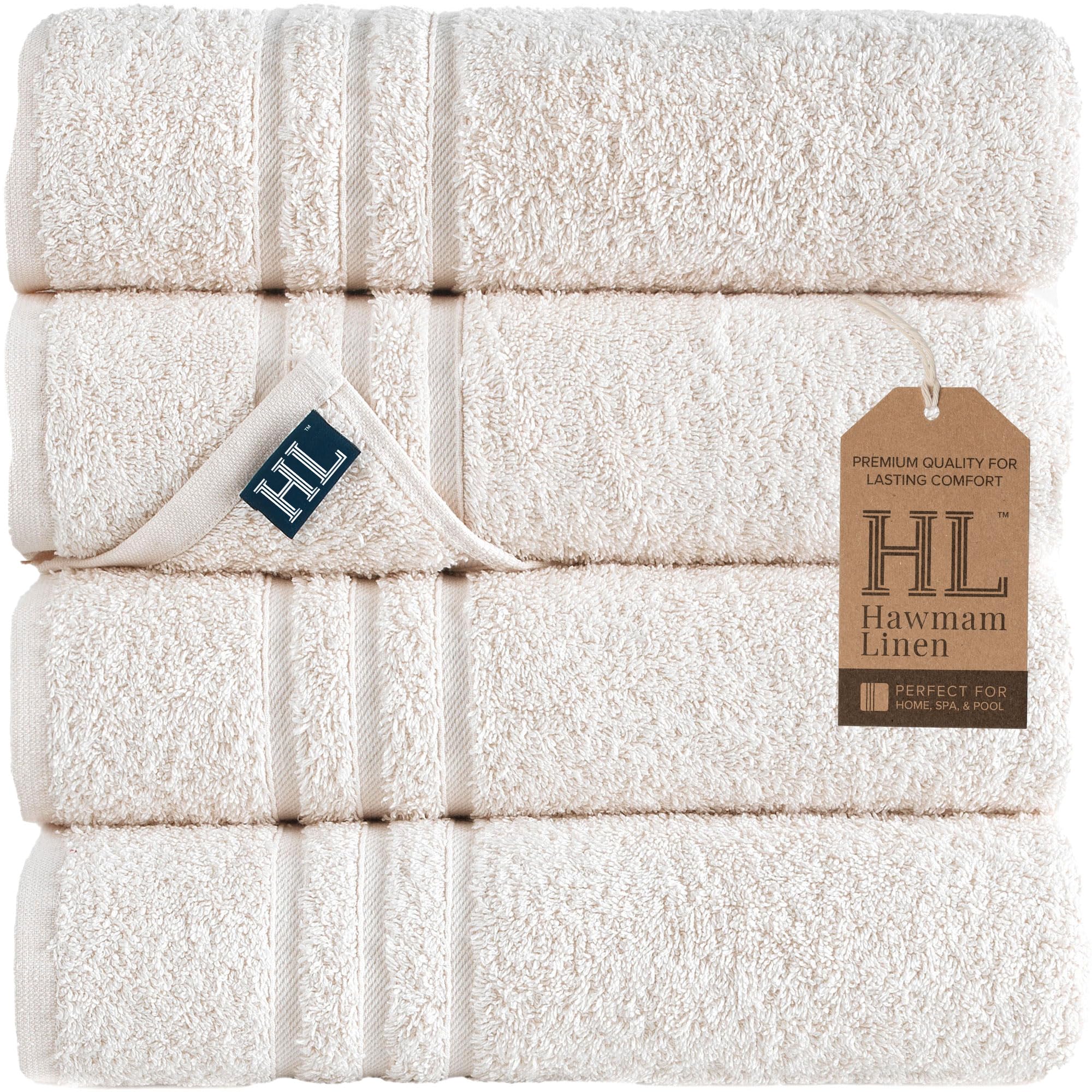Hawmam Linen Turkish Cotton Bath Towels – 4-Pack, 600 GSM Sea Salt Cream