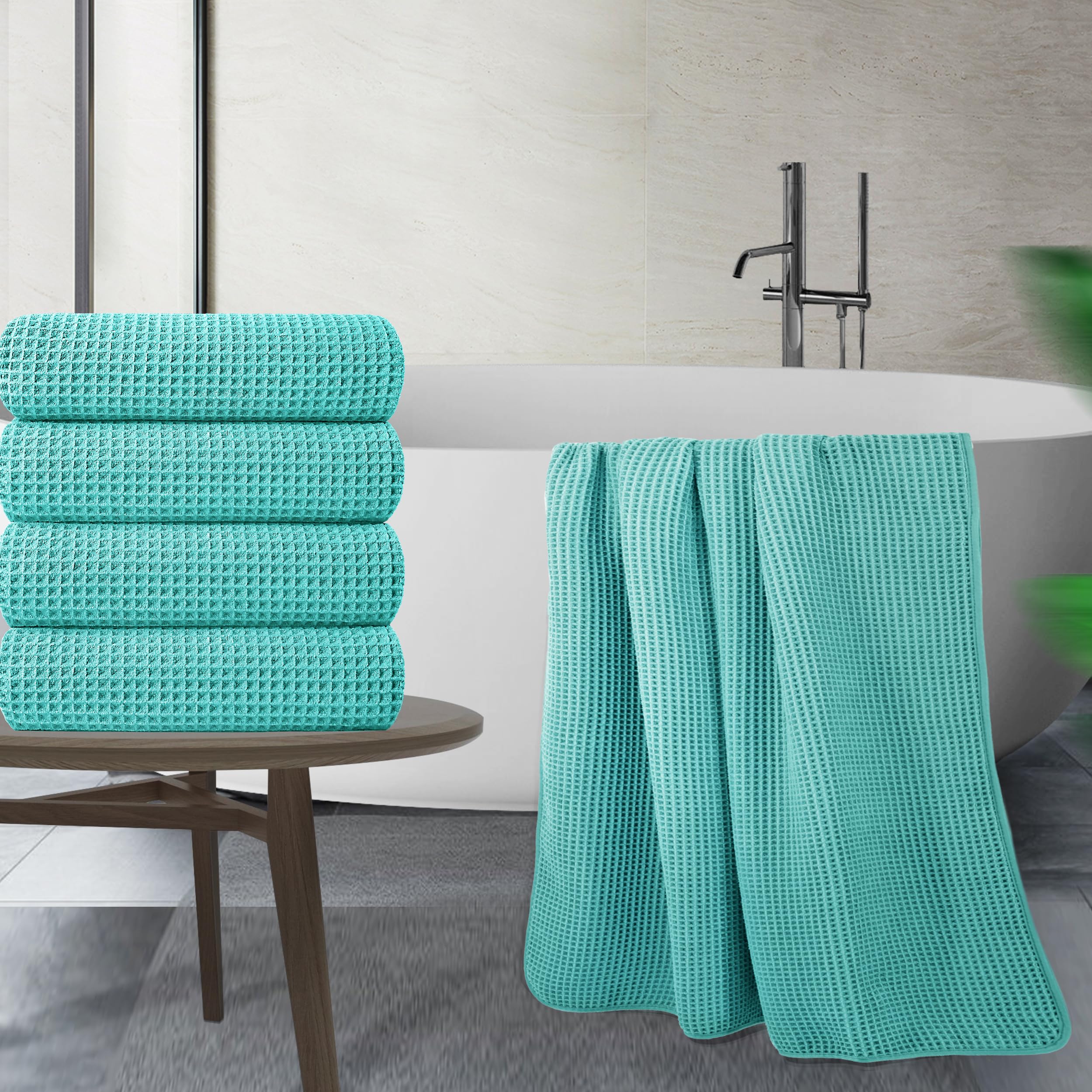 Polyte Microfibre Bath Towels – Quick Dry Waffle Weave, 4 Pack, Aqua