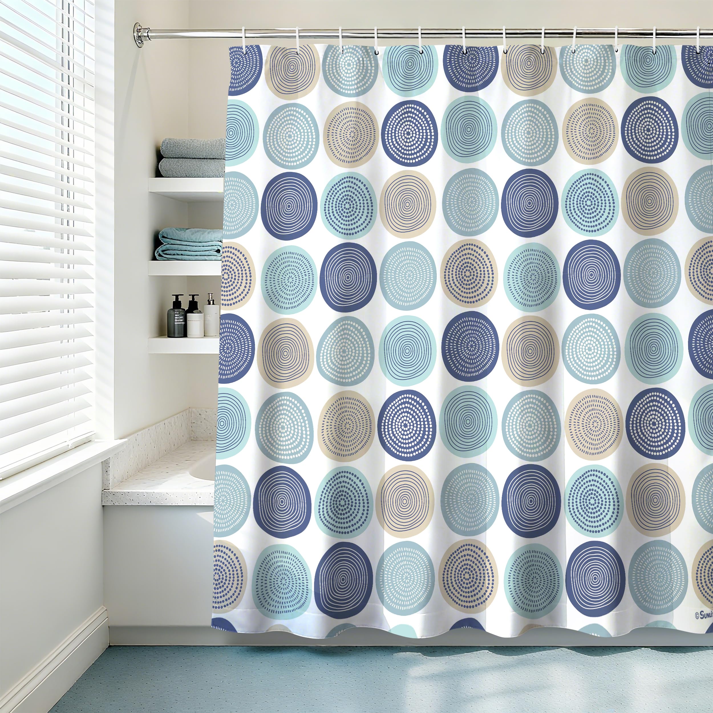 Sunlit Abstract Tree Rings Fabric Shower Curtain | Blue & Beige Nature Print
