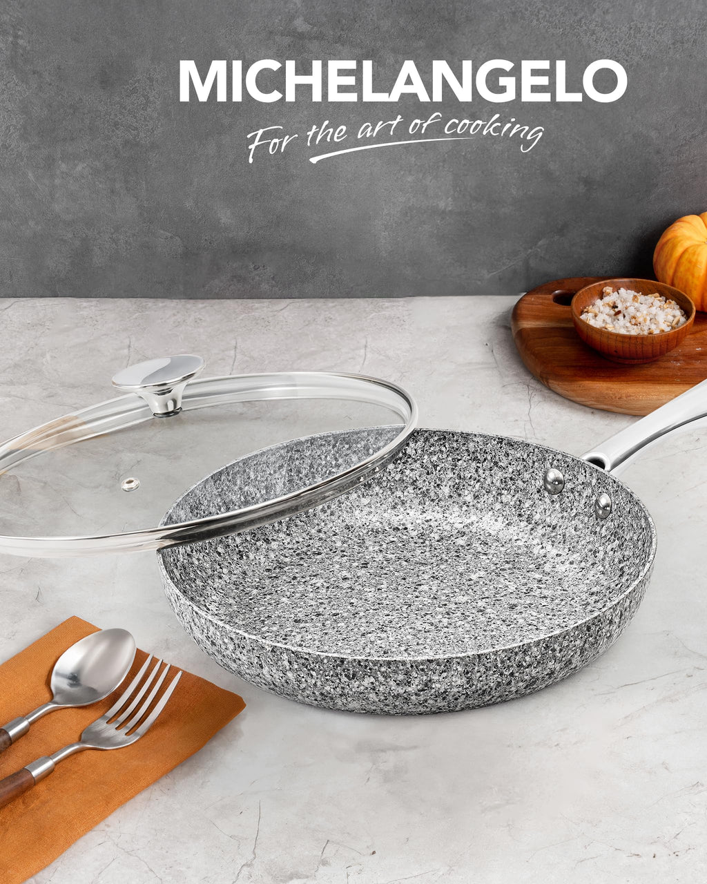 MICHELANGELO 30CM Non Stick Frying Pan with Lid | Granite Induction Skillet
