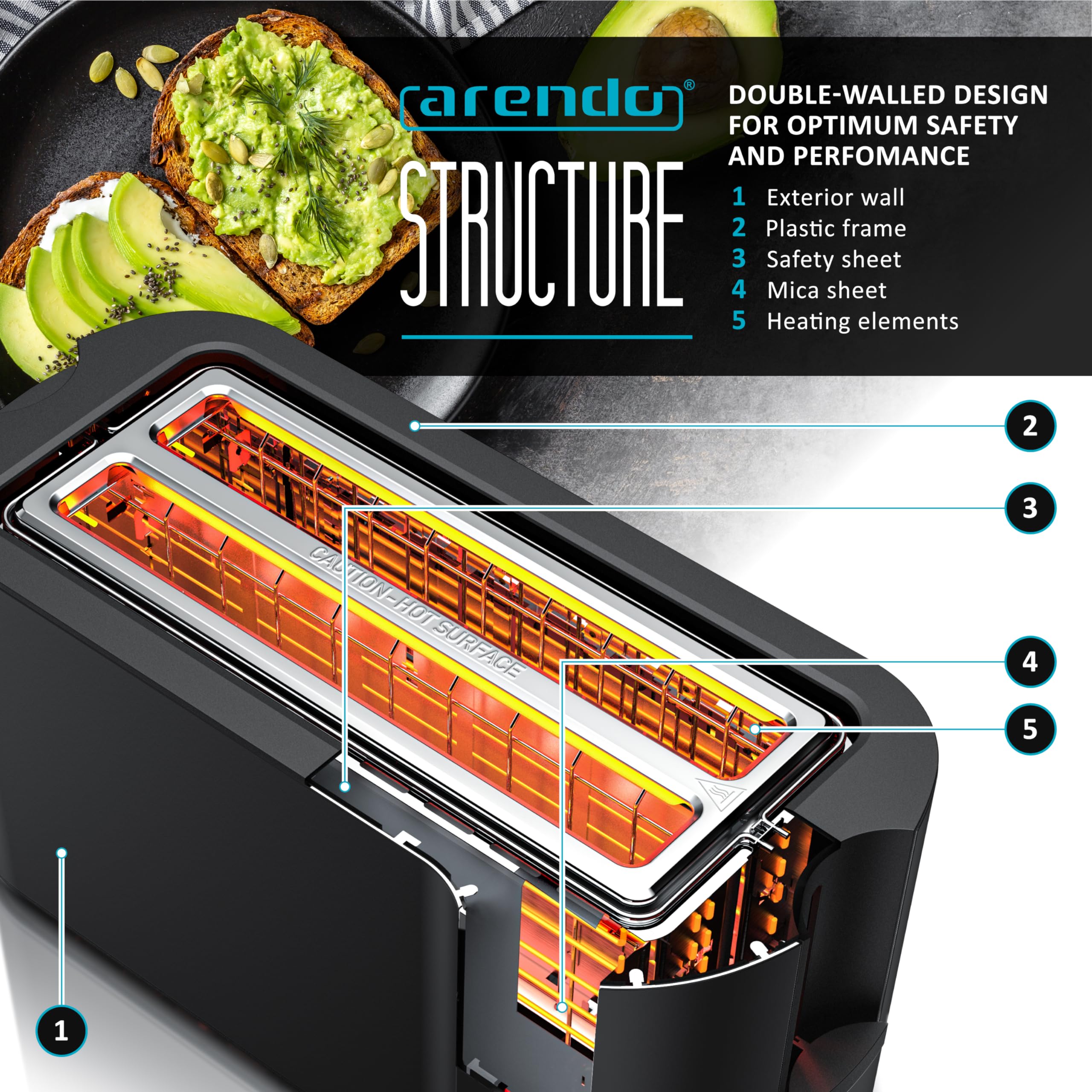 Arendo 4-Slice Long Slot Toaster with Touch Panel and Warming Rack