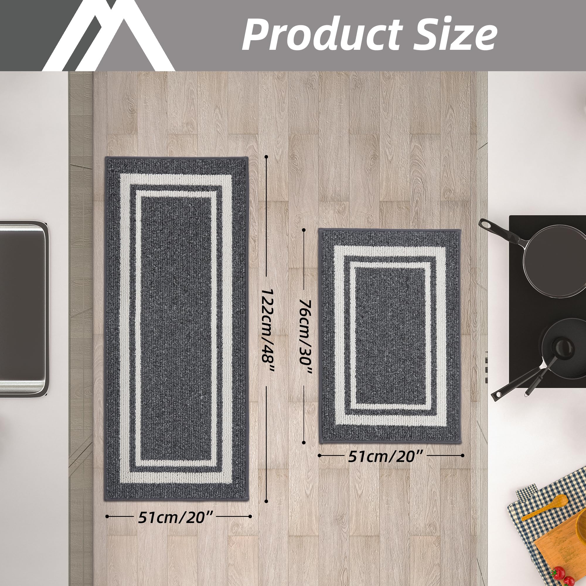 COSY HOMEER Kitchen Rugs 2-Piece Set | Non-Slip Washable Floor Mats – Grey