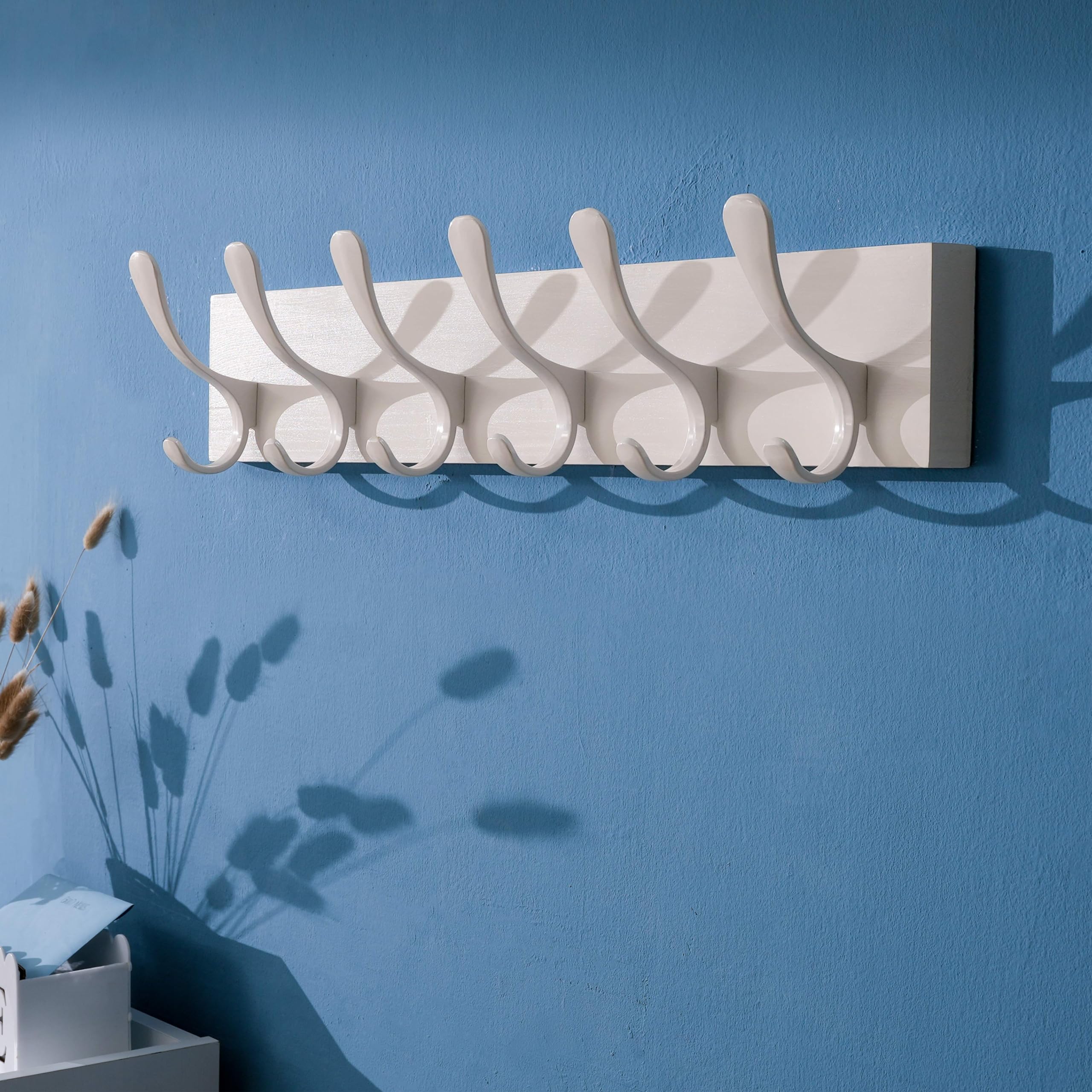 SKOLOO Wall Mount Coat Rack - 2 Pack White Pine Wood Hanger with 6 Hooks