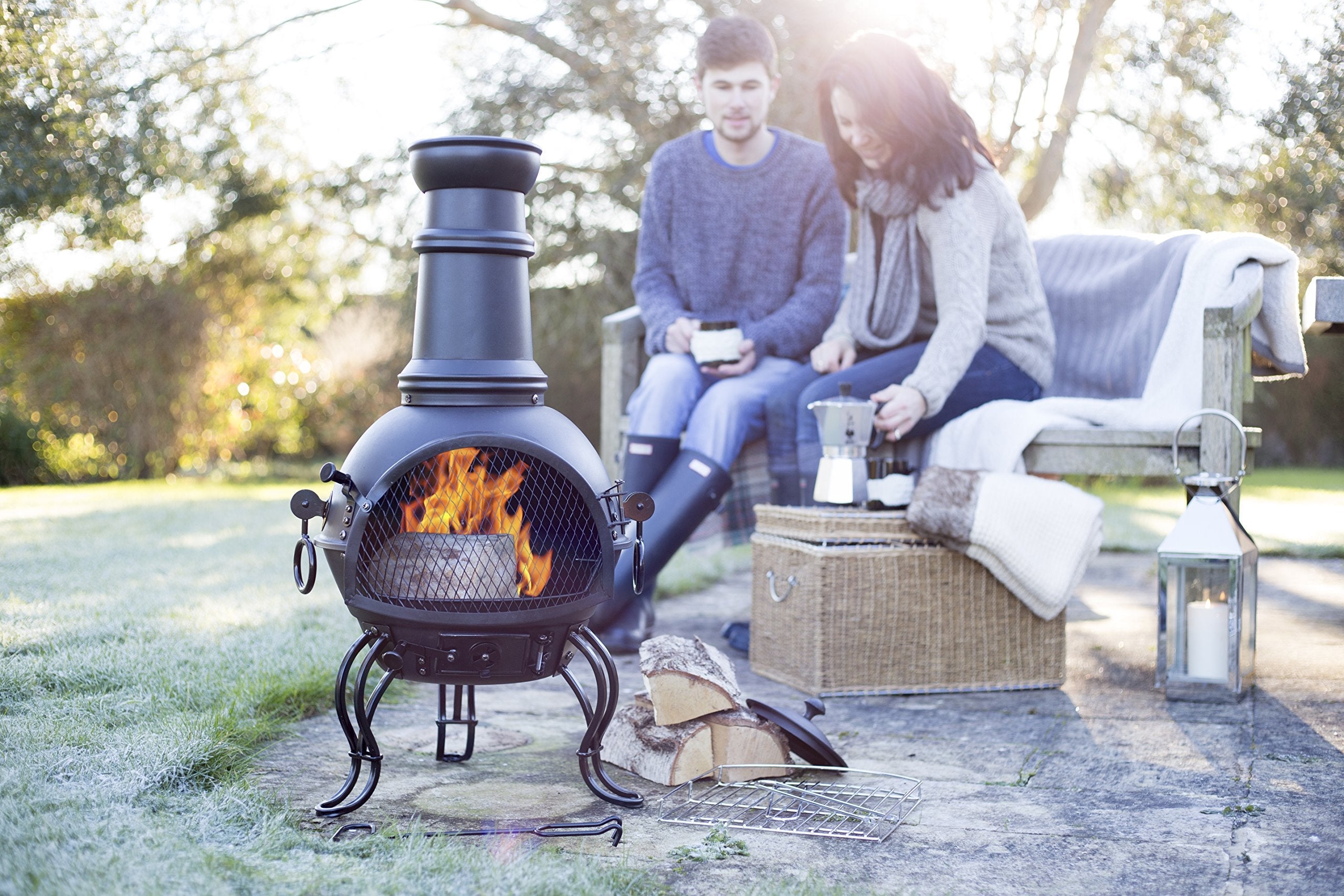 La Hacienda Murcia Medium Steel Chimenea with BBQ Grill and Rain Lid