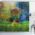 ABAKUHAUS Ethnic Shower Curtain | Tree in the Valley Art | 94" Long Green Blue