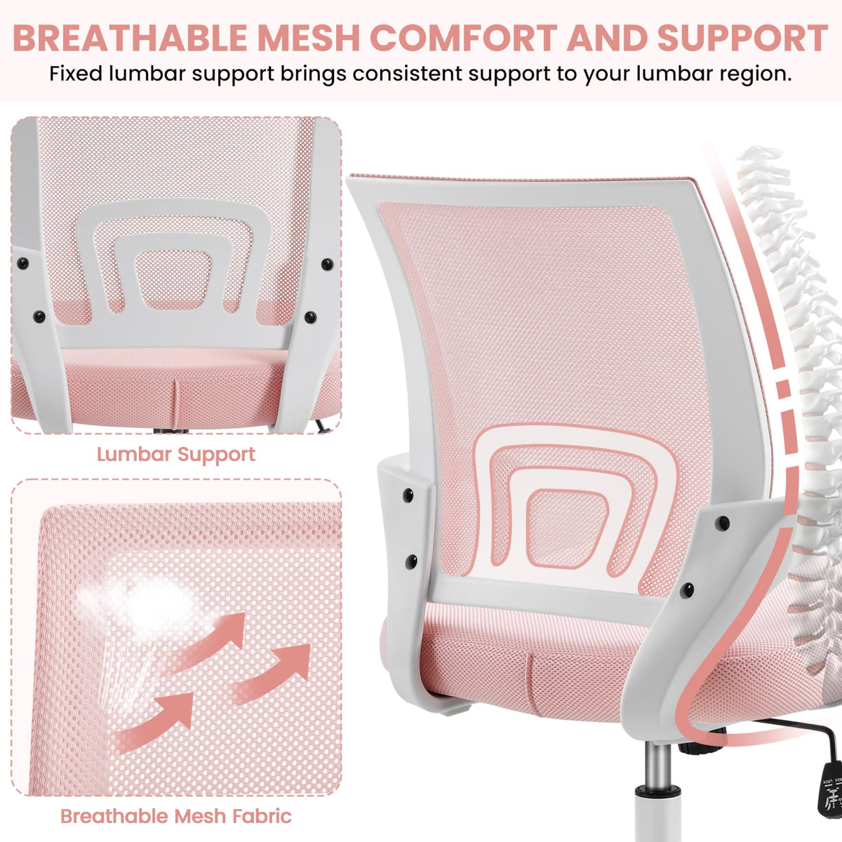 Yaheetech Ergonomic Chair Mesh Swivel Lumbar Support Adjustable Desk Pink - image 5