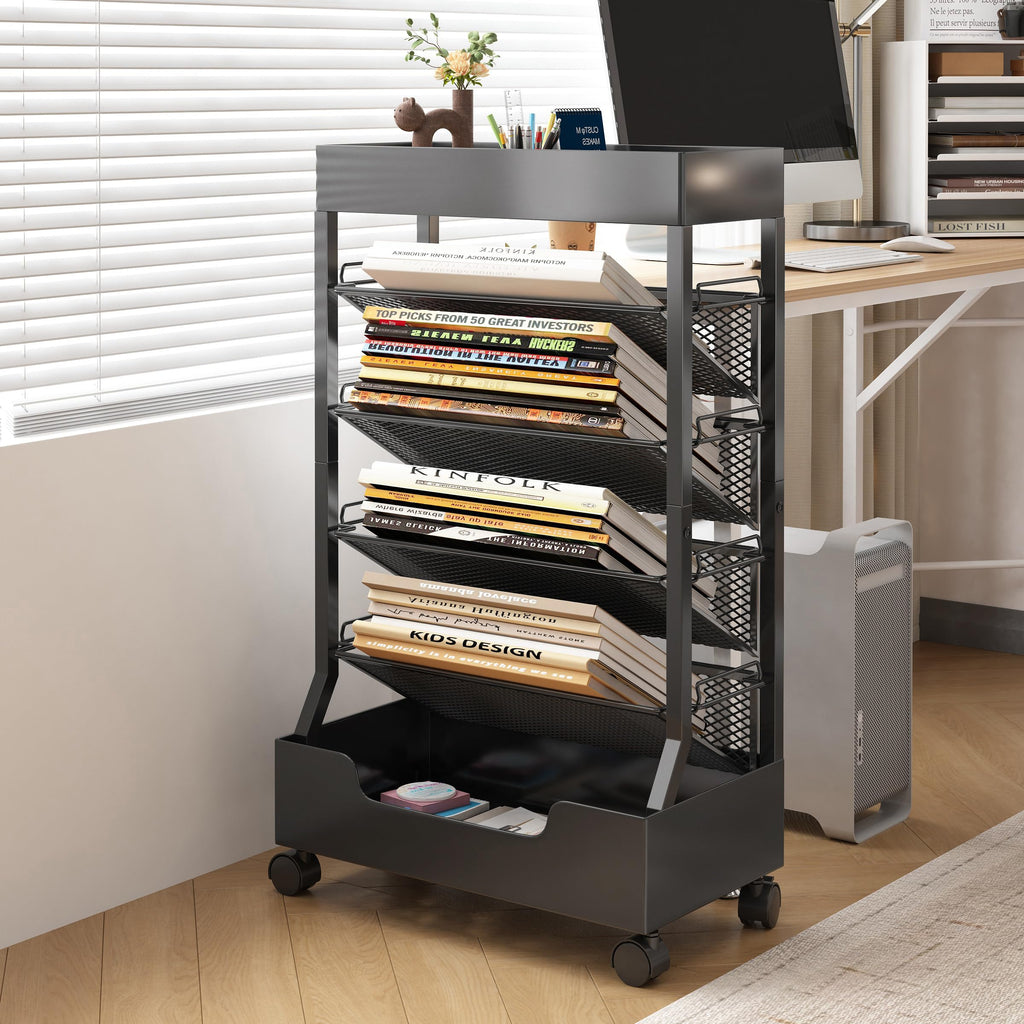 Ornestia Metal Book Trolley, Mobile Storage Bookcase with WheelsBlack