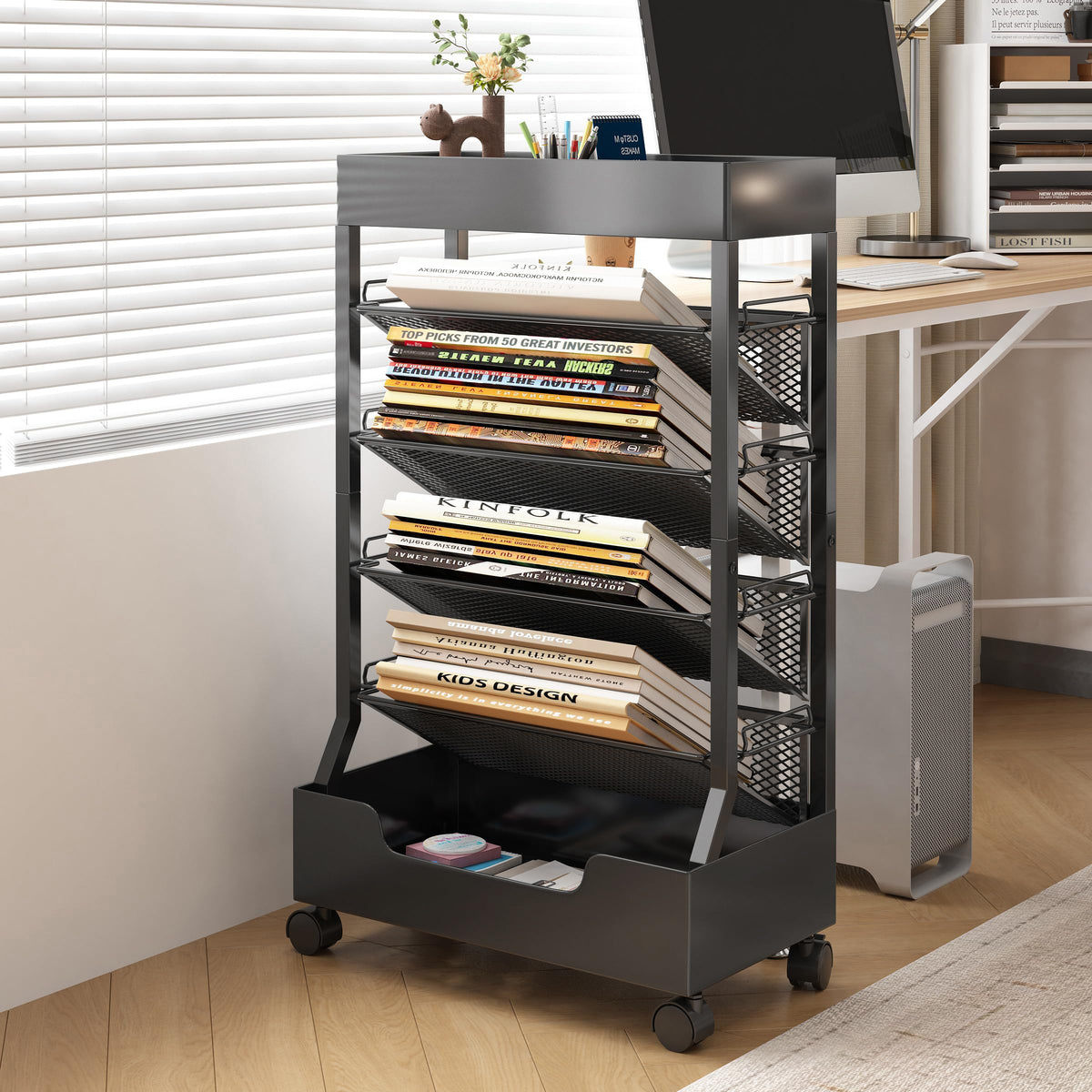 Ornestia Metal Book Trolley, Mobile Storage Bookcase with WheelsBlack