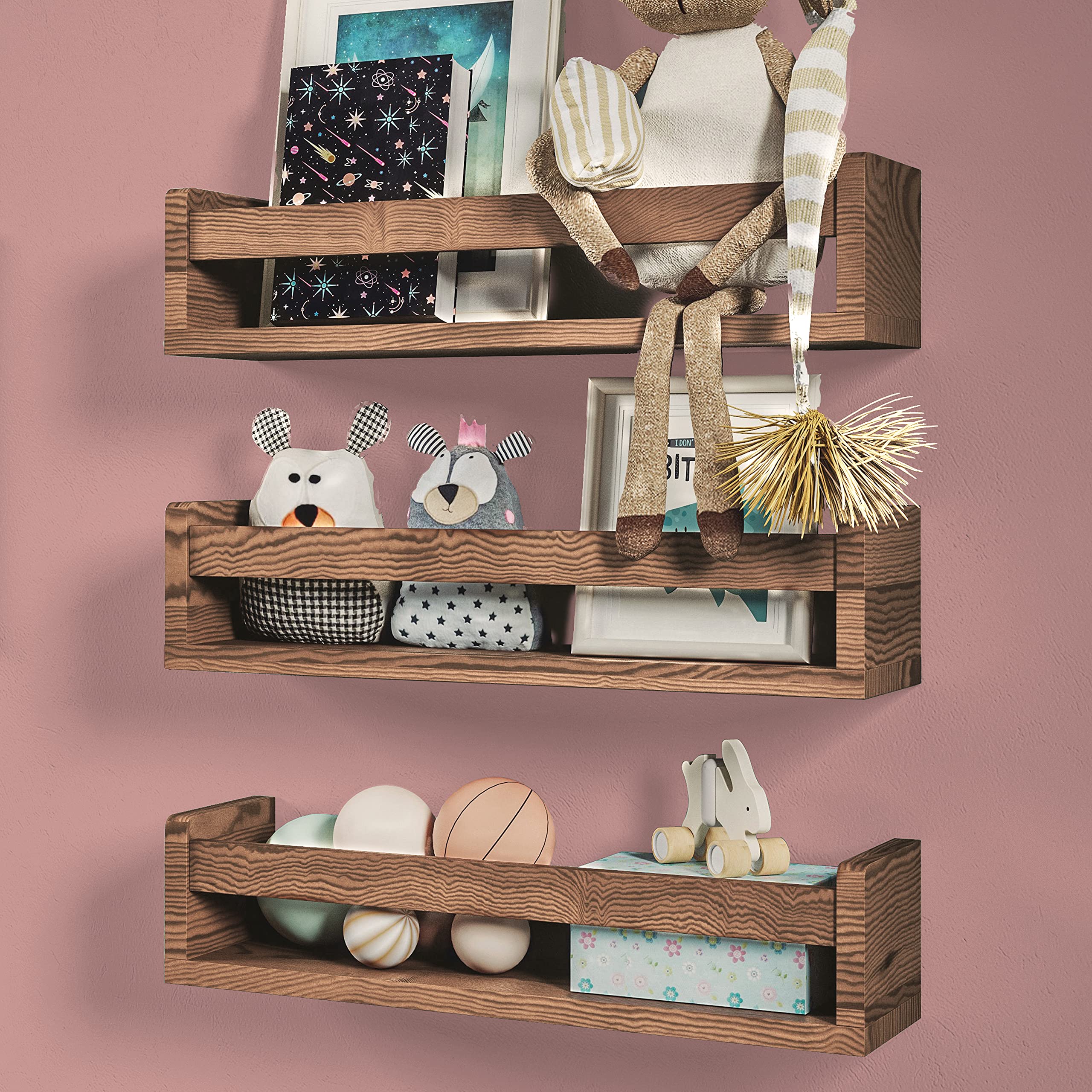 Nature Supplies Set of 3 Nursery Shelves | Wooden Floating Bookshelves