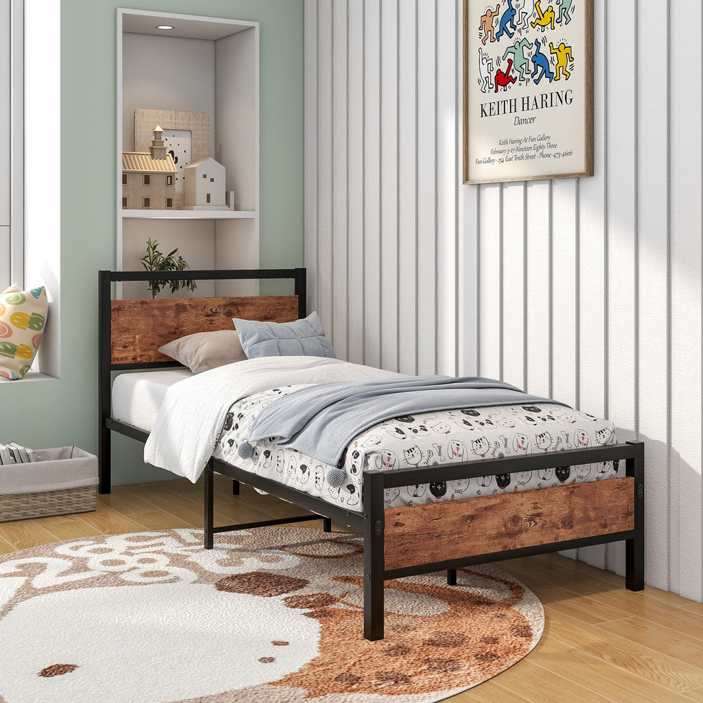 HOJINLINERO Single Metal Bed Frame with Wood Headboard – Industrial Style