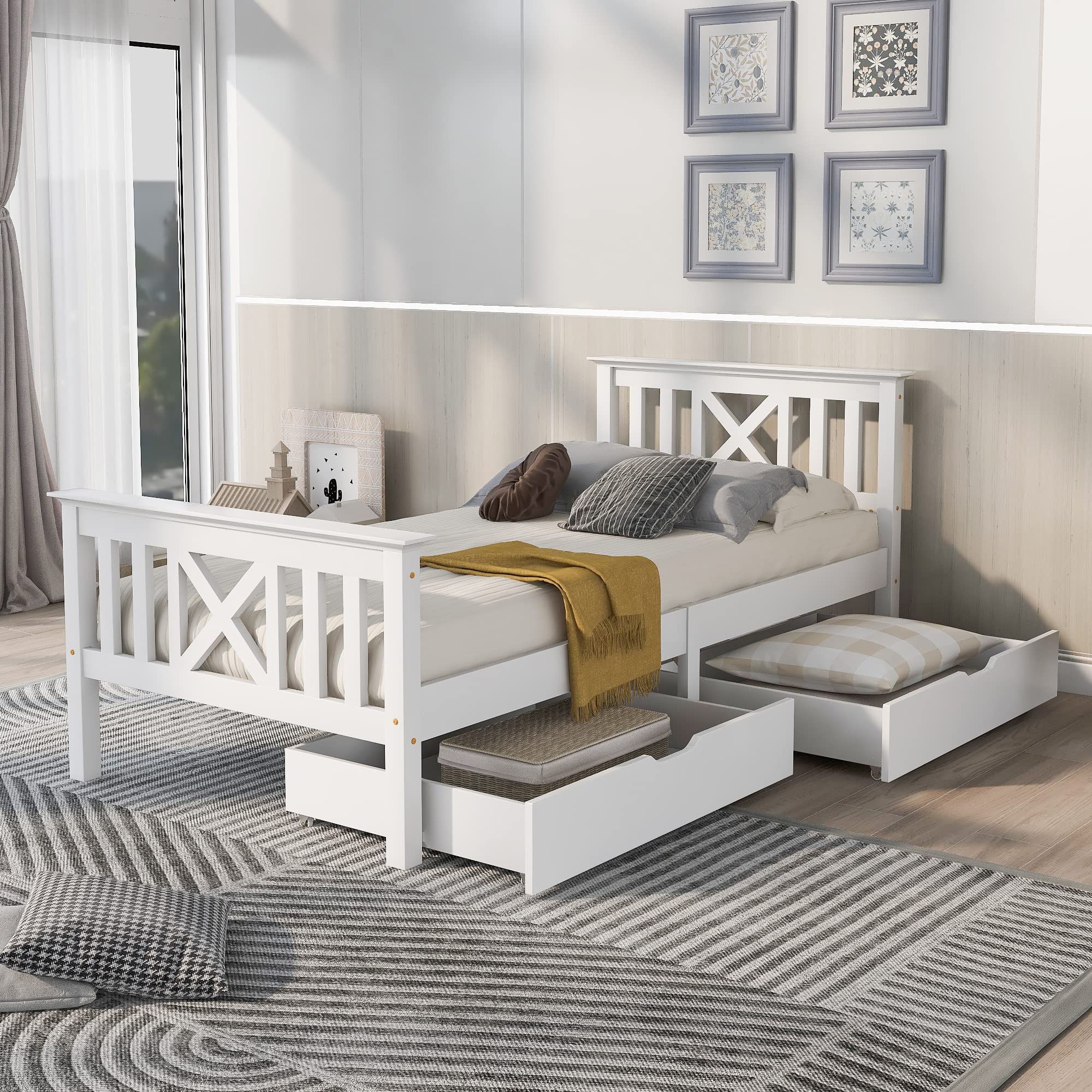 BTM Single Bed with Drawers | 3FT Solid Pine Wood Storage Frame - White