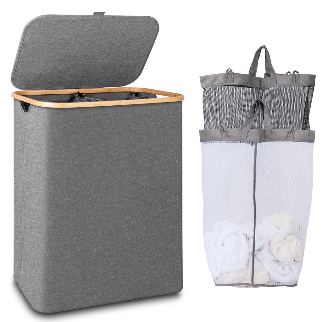 iEGrow 150L Double Laundry Basket – Foldable Hamper with Lid and Bamboo Handle