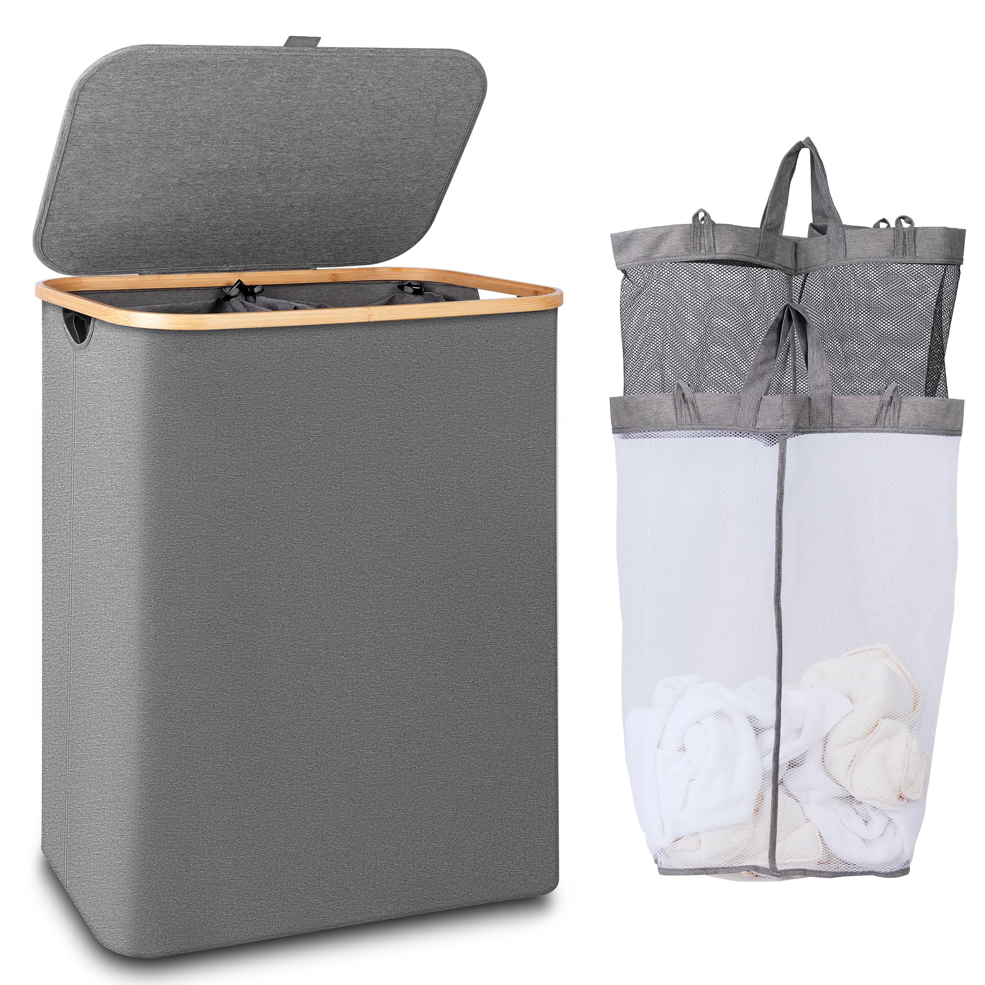 iEGrow 150L Double Laundry Basket – Foldable Hamper with Lid and Bamboo Handle