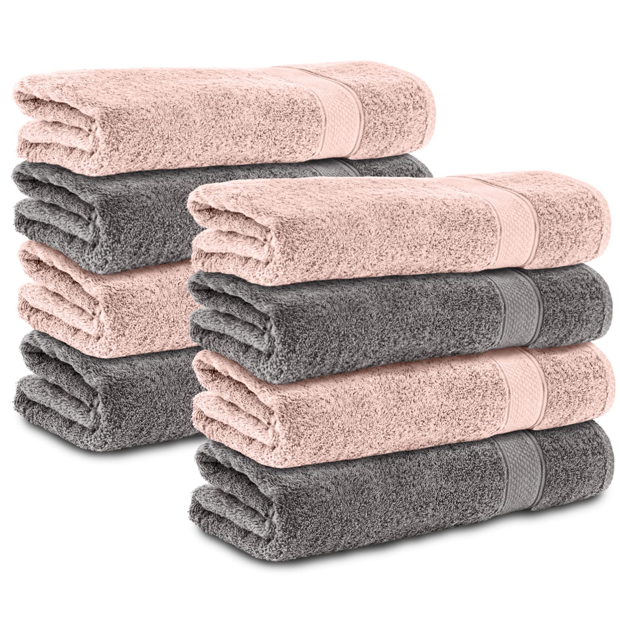Komfortec 8-Piece Cotton Hand Towel Set – 50x100cm Terry Cloth, Grey/Pink
