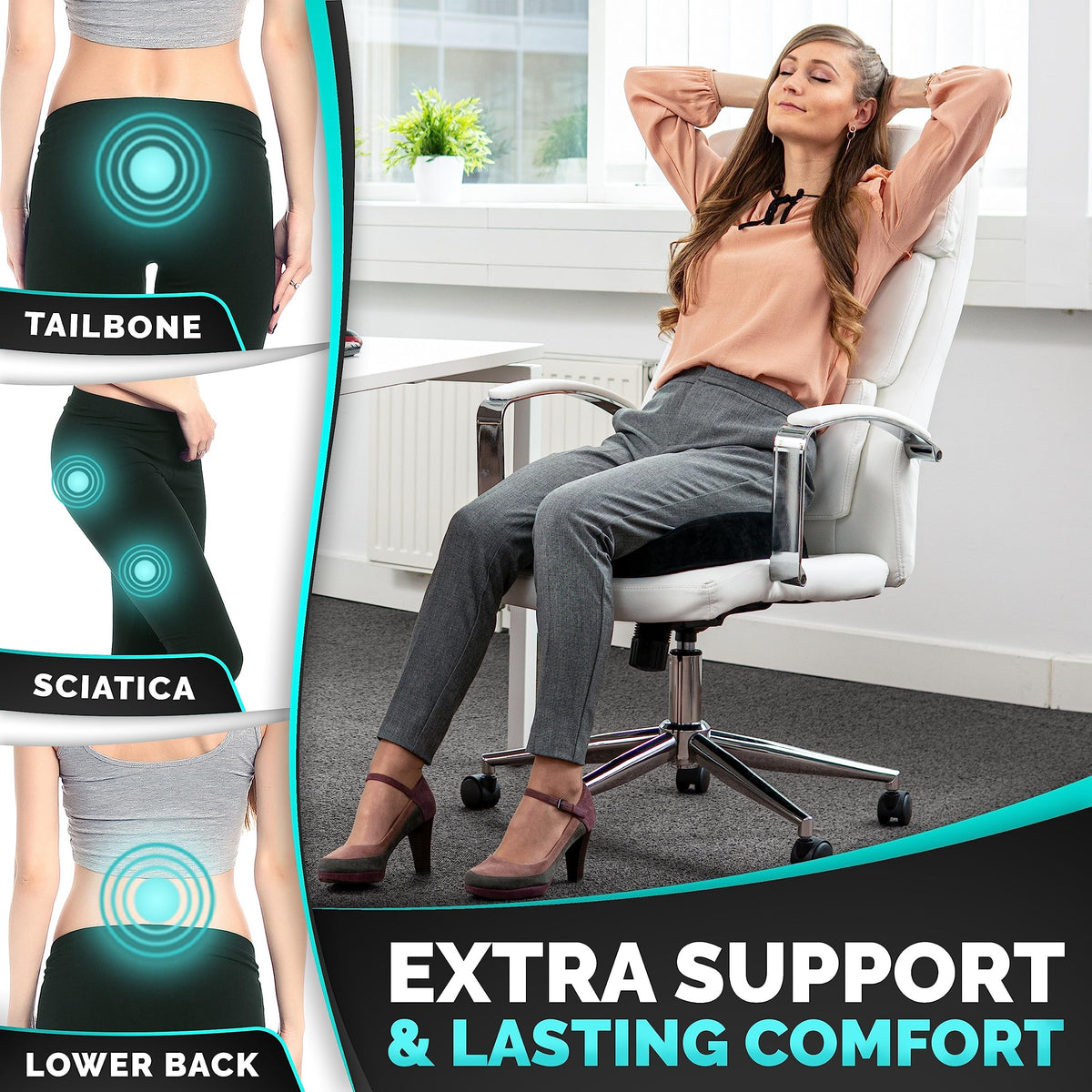 iamcomfi Coccyx Cushion for Tailbone Pain Relief – Medium Hardness - Memory Foam Sciatica Pillow for Back, Hip & Coccyx Pain