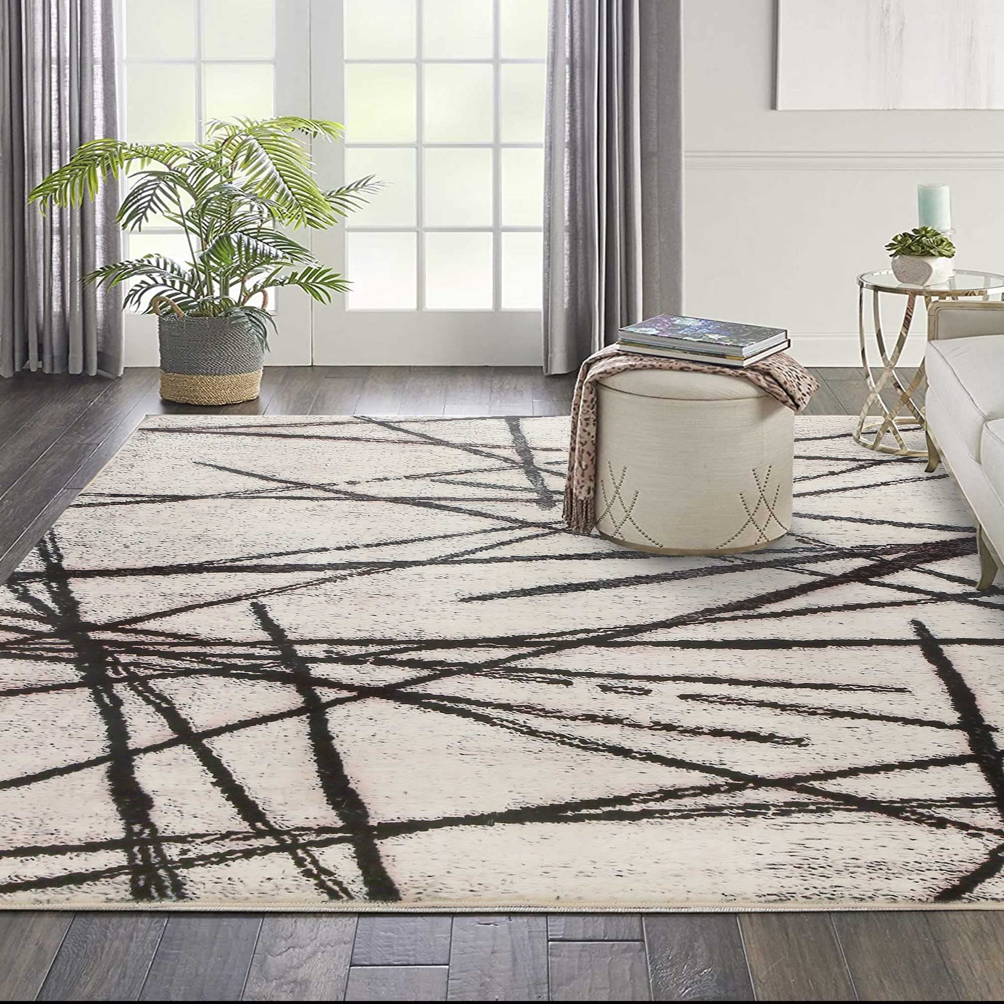 Calore Modern Abstract Area Rug – Non-Slip Short Pile Beige Carpet