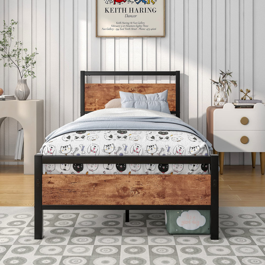 HOJINLINERO Single Metal Bed Frame with Wood Headboard – Industrial Style