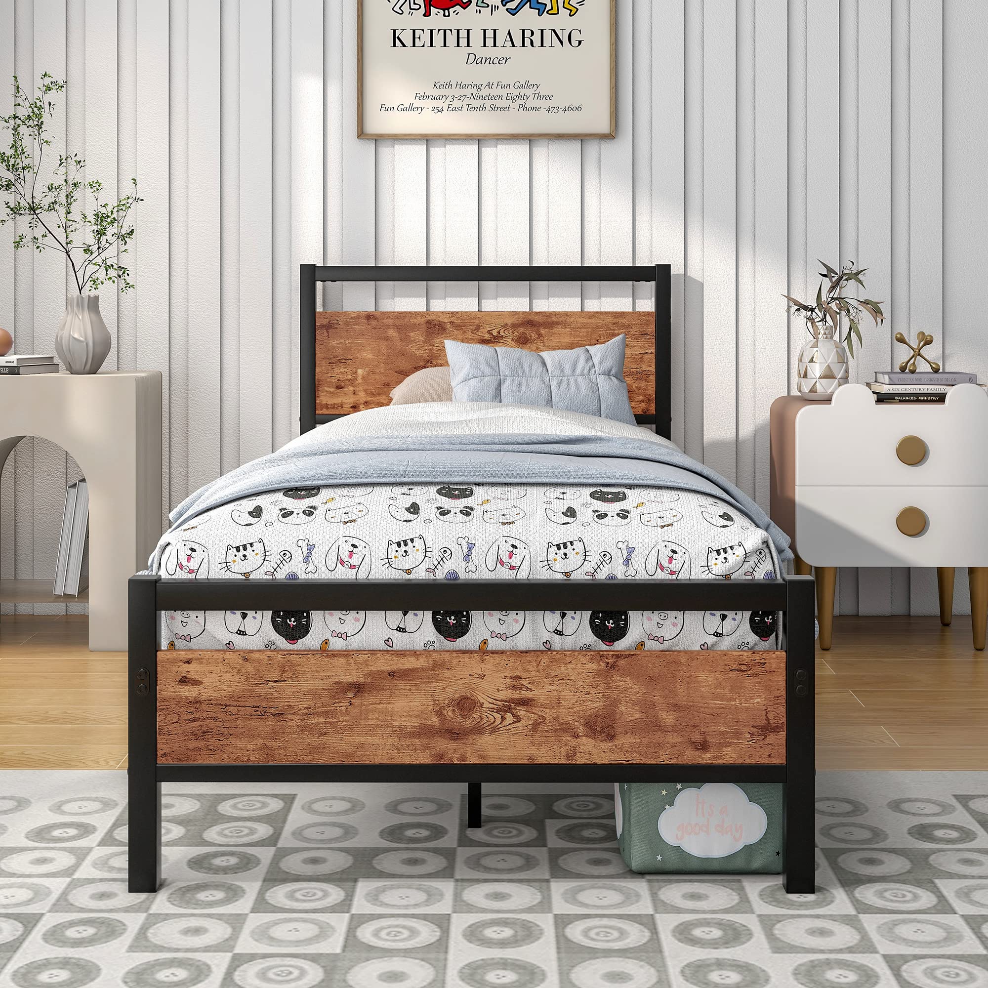 HOJINLINERO Single Metal Bed Frame with Wood Headboard – Industrial Style