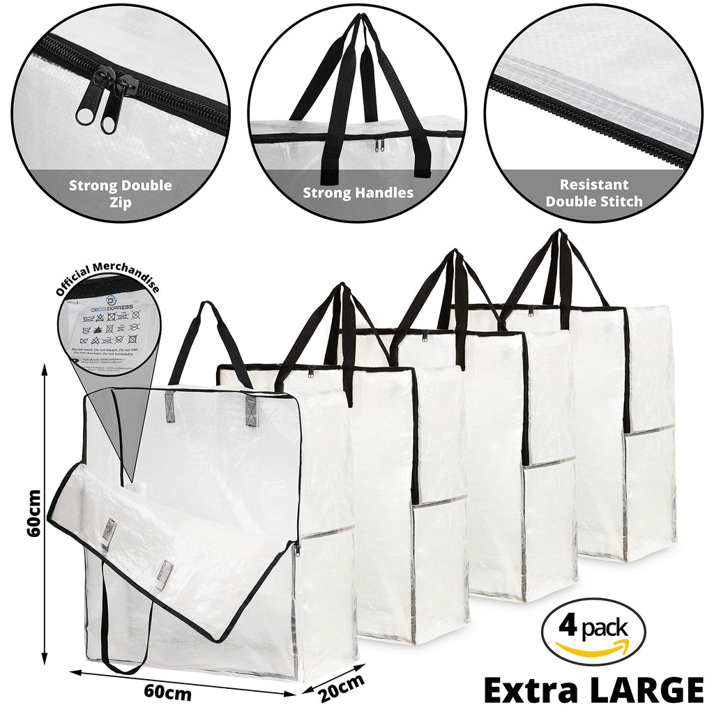 DECO EXPRESS Laundry Bags XL, Pack of 4 Heavy Duty Jumbo Garage, Attic or Underbed Storage Solutions for Clothes, Bedding, Duvet