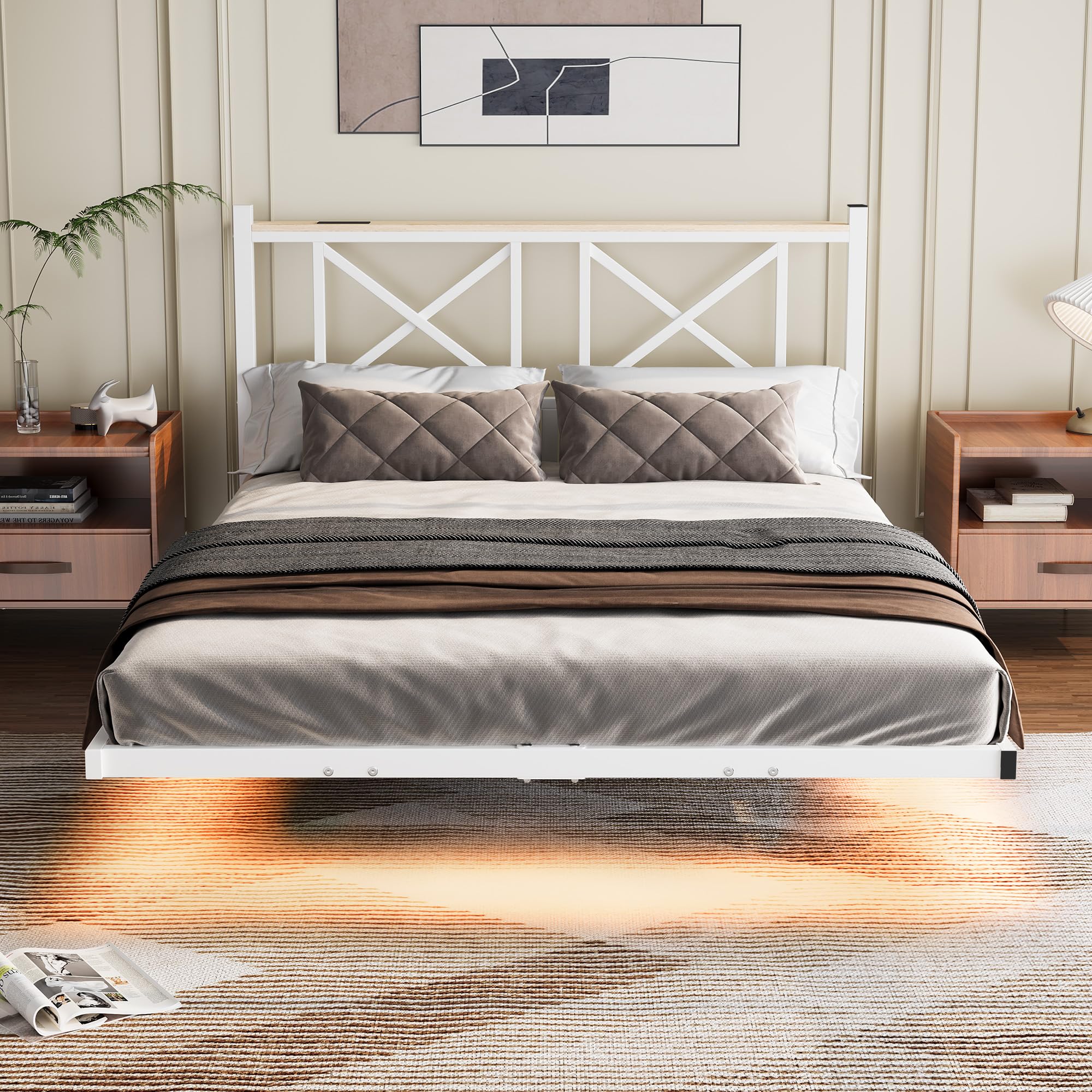 ARFARLY Double Floating Bed Frame with LED Lights and Charging Station