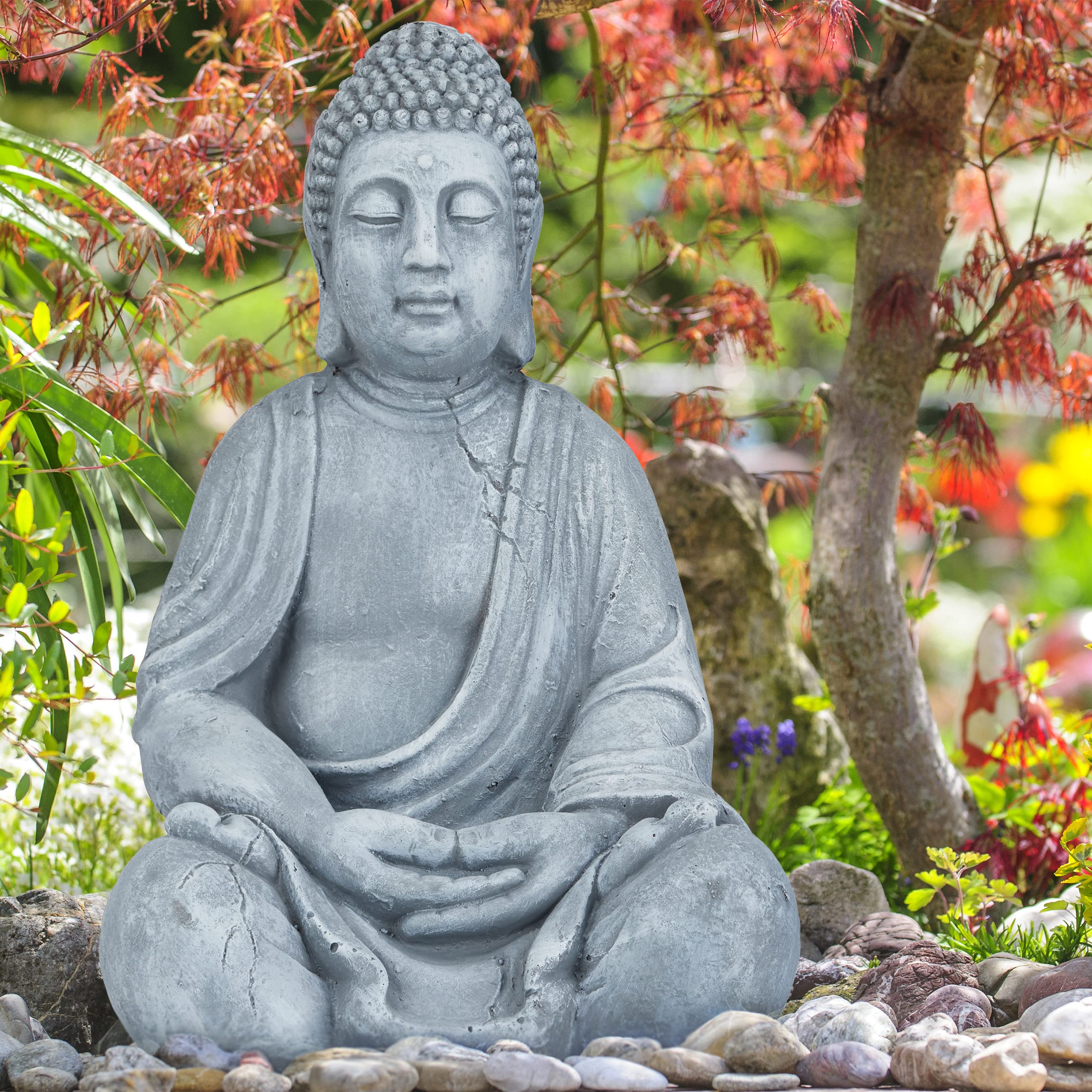 Relaxdays XL Sitting Buddha Figurine – 50cm Ceramic Zen Garden Statue