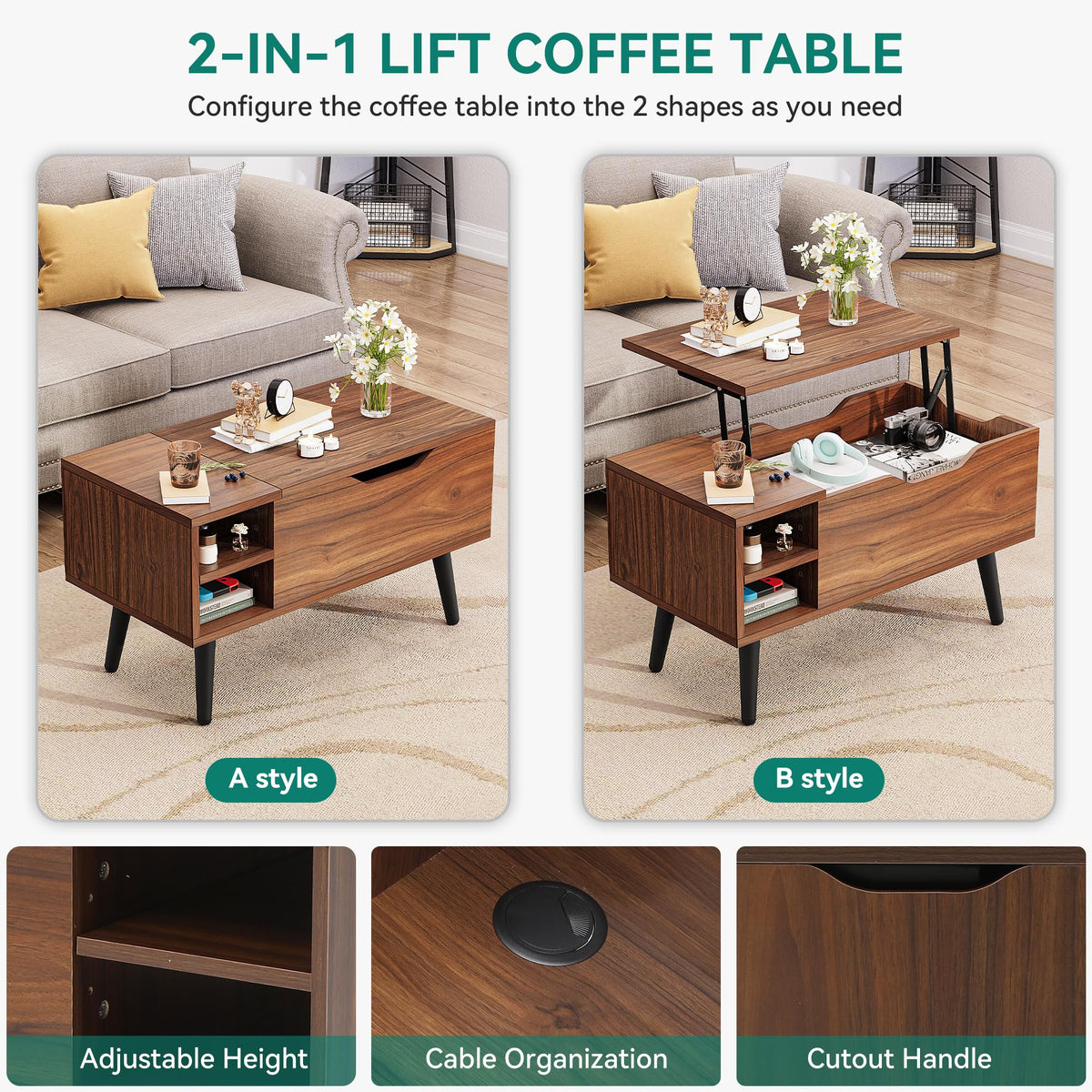 YITAHOME Lift Top Coffee Table with Hidden Compartment, Adjustable Storage Shelf, Spring Lifter, Coffee Table with Storage for Living Room - image 4