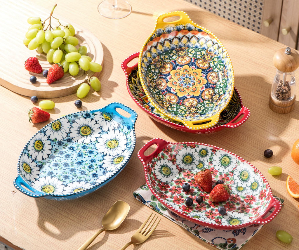 Henten Home Porcelain Salad Bowl Set of 4 | 32oz Bohemian Pasta Bowls