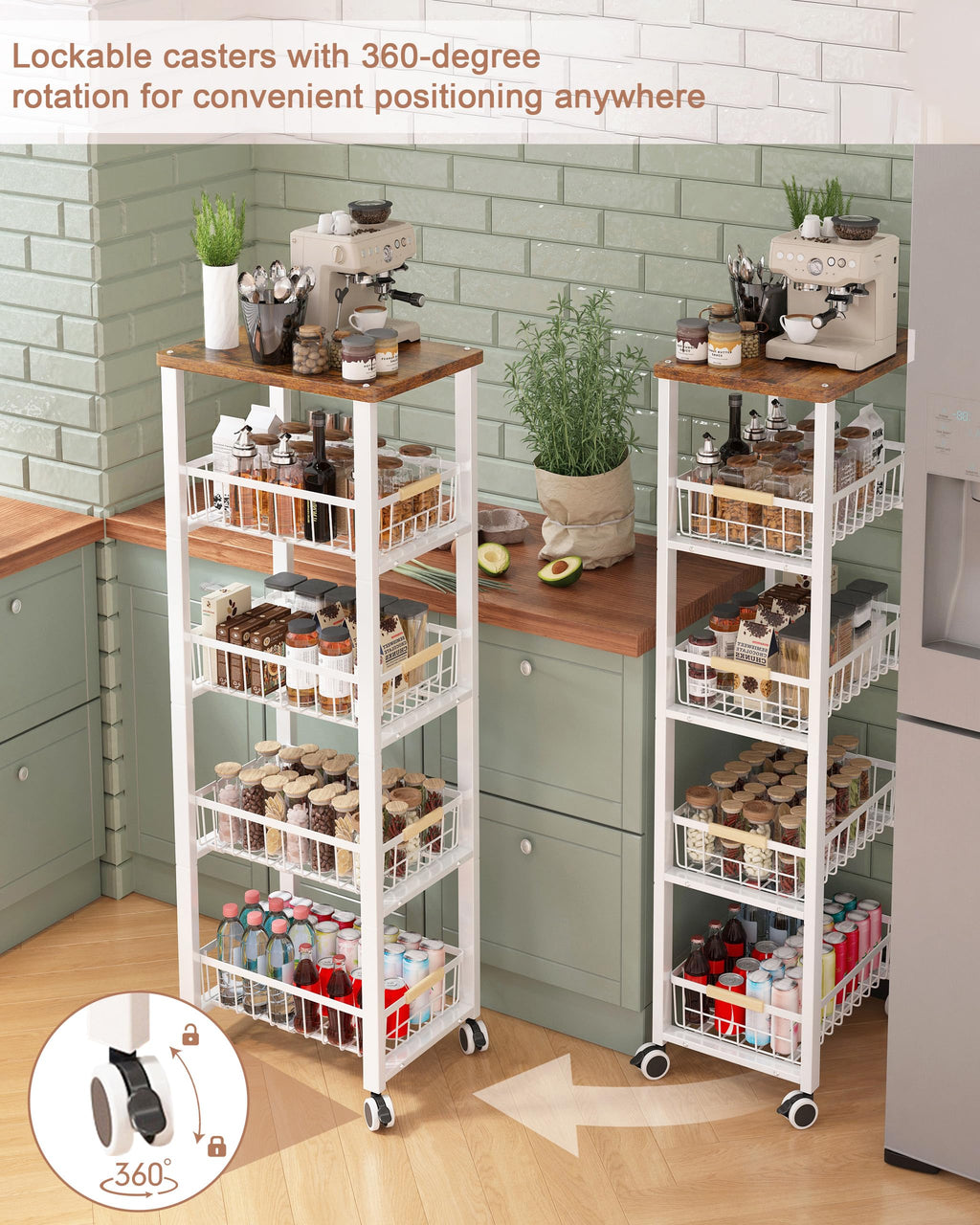 Ornestia 5-tier Vegetable Rack with Wooden Top for Kitchen Storage（White - image 3