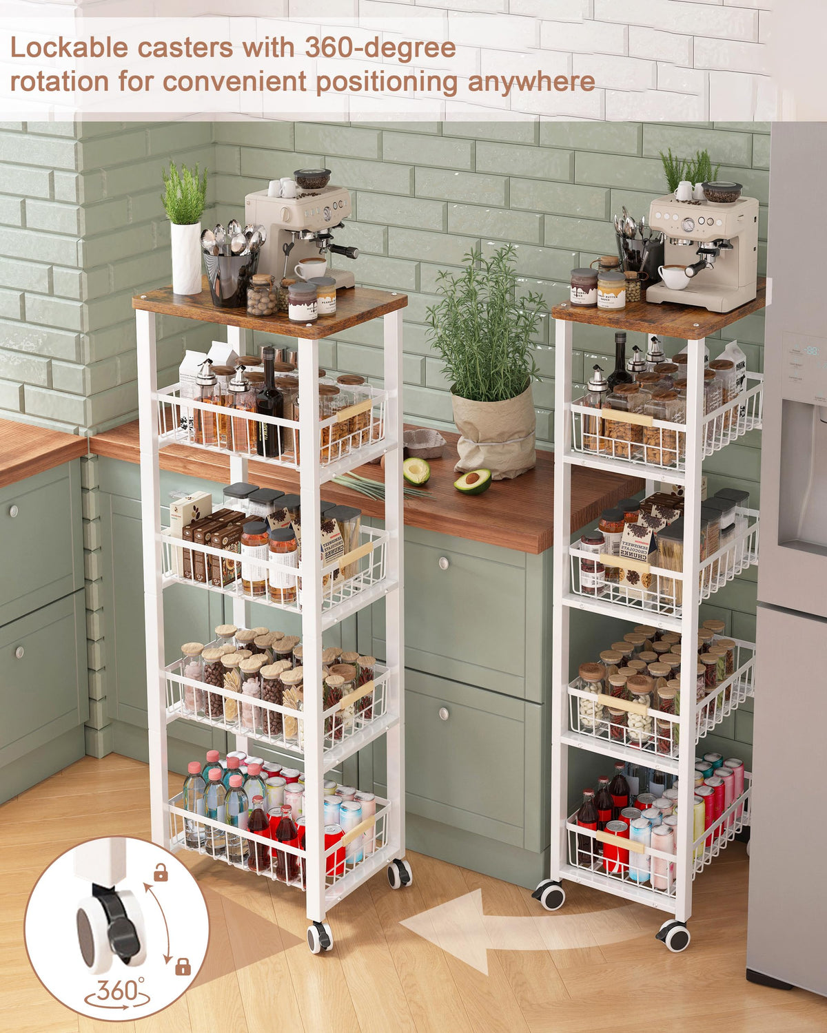 Ornestia 5-tier Vegetable Rack with Wooden Top for Kitchen Storage（White - image 3