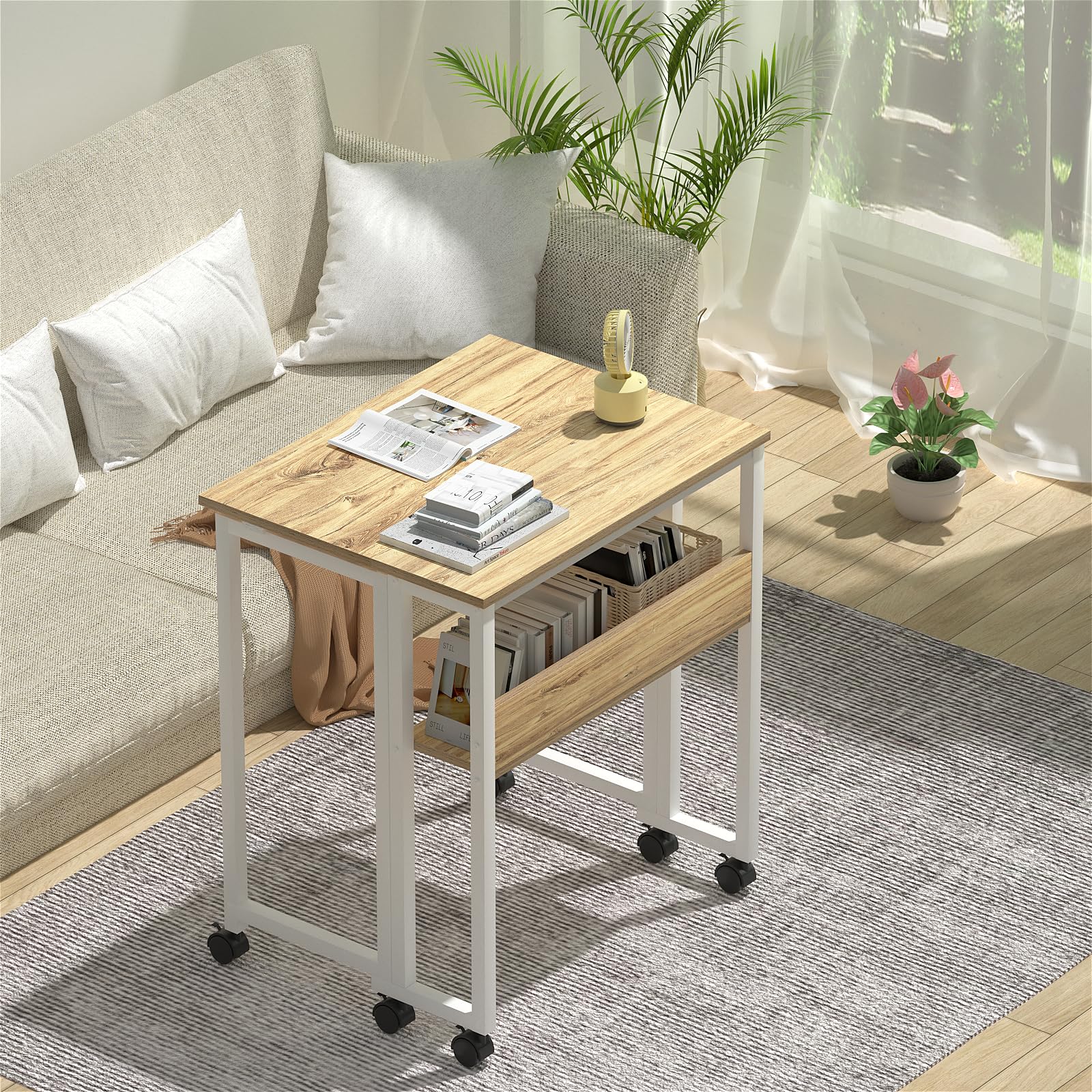 GreenForest Small Folding Computer Desk with Storage Shelf | Oak